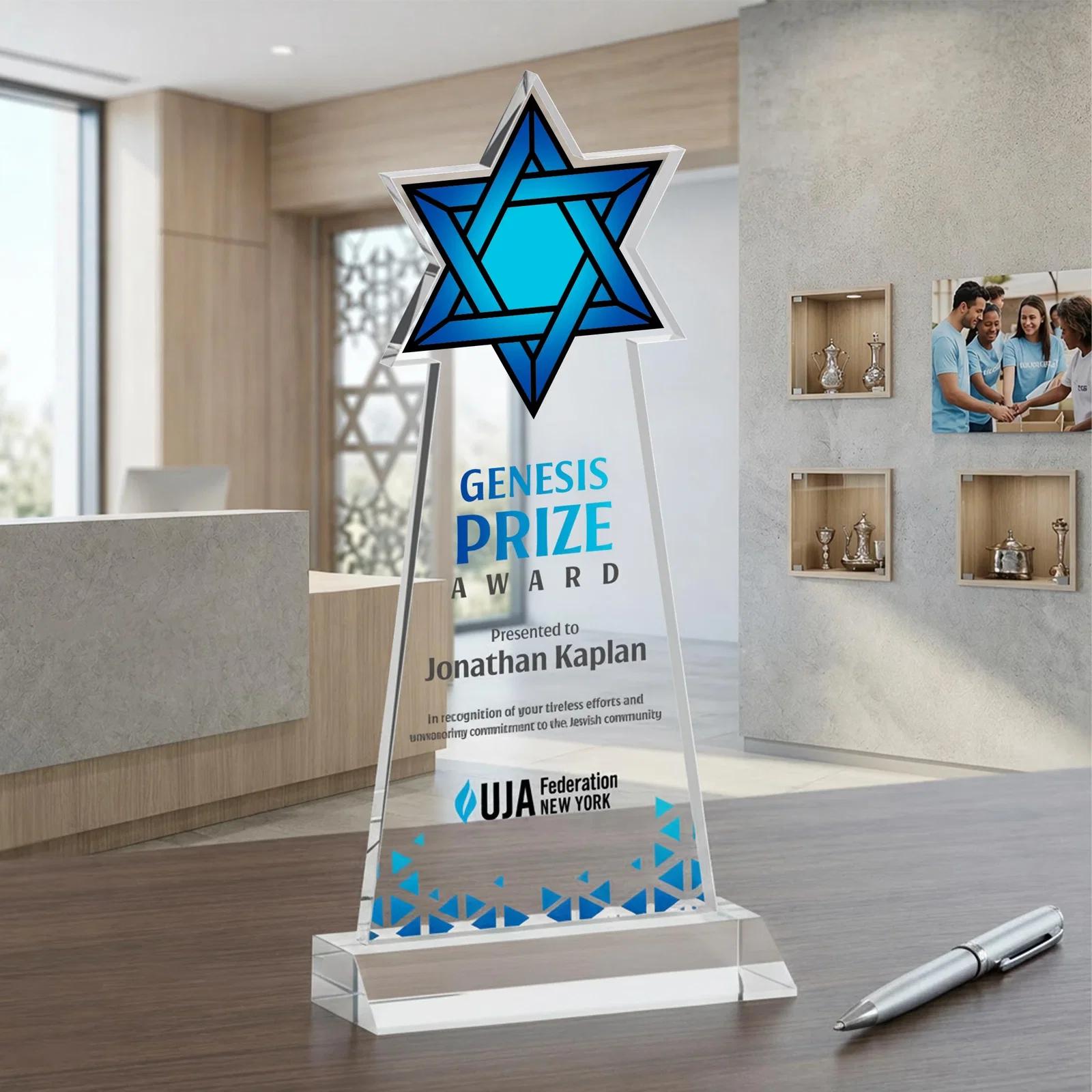 Custom printed Starfire Star of David Award on a Front-Mitered Base for service anniversary gifts
