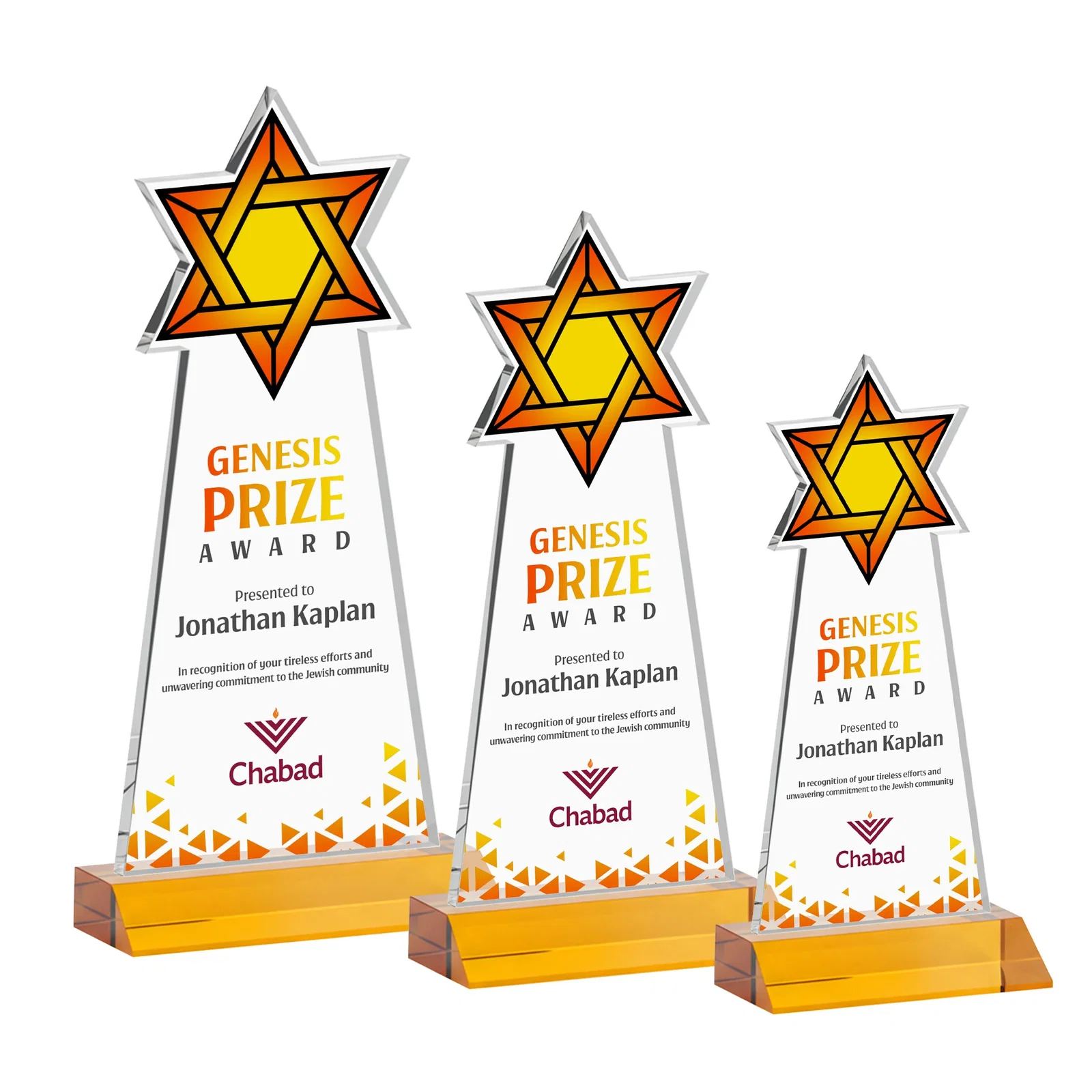 Custom printed Starfire Star of David Award on a Front-Mitered Base for sales achievement awards