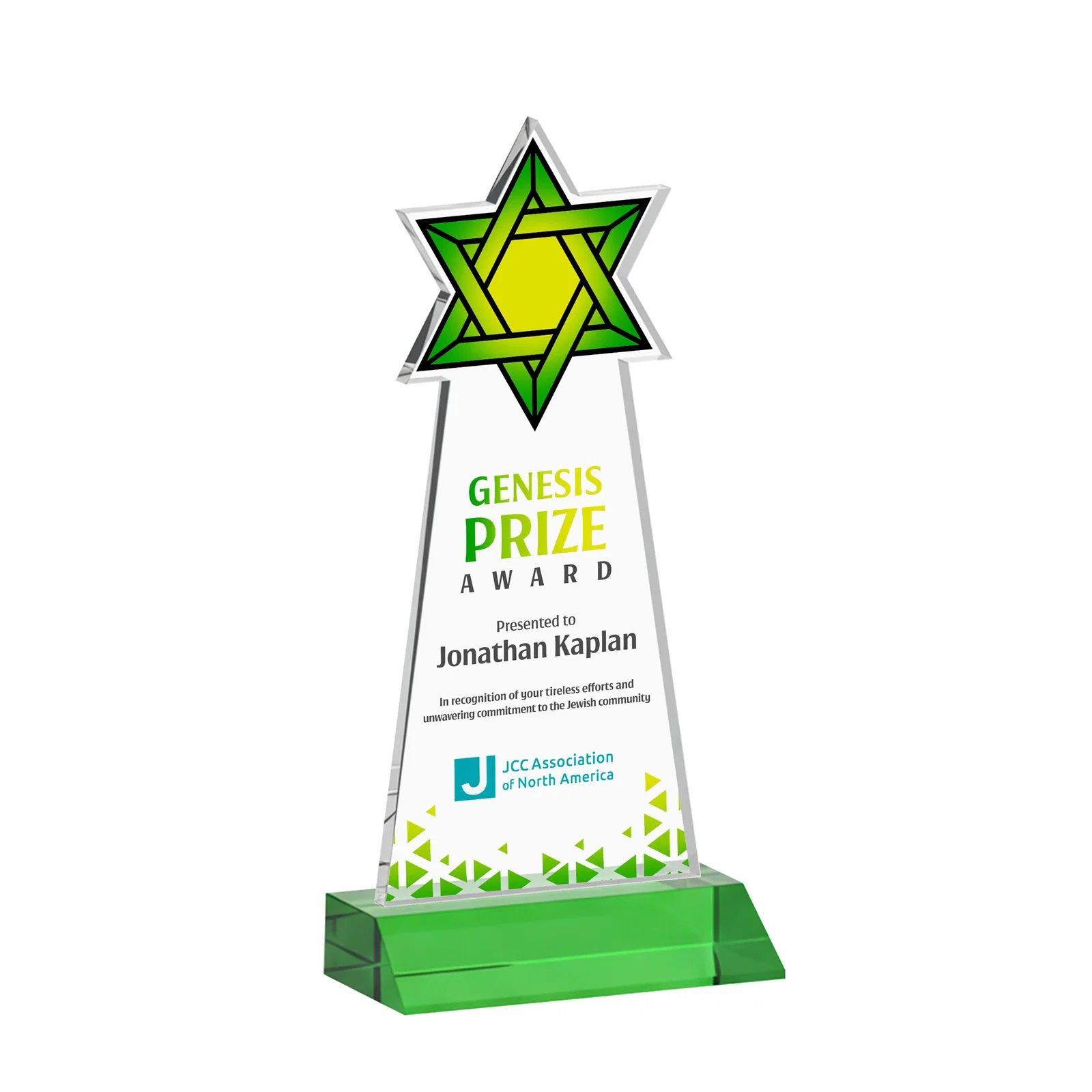Custom printed Starfire Star of David Award on a Front-Mitered Base for volunteer appreciation