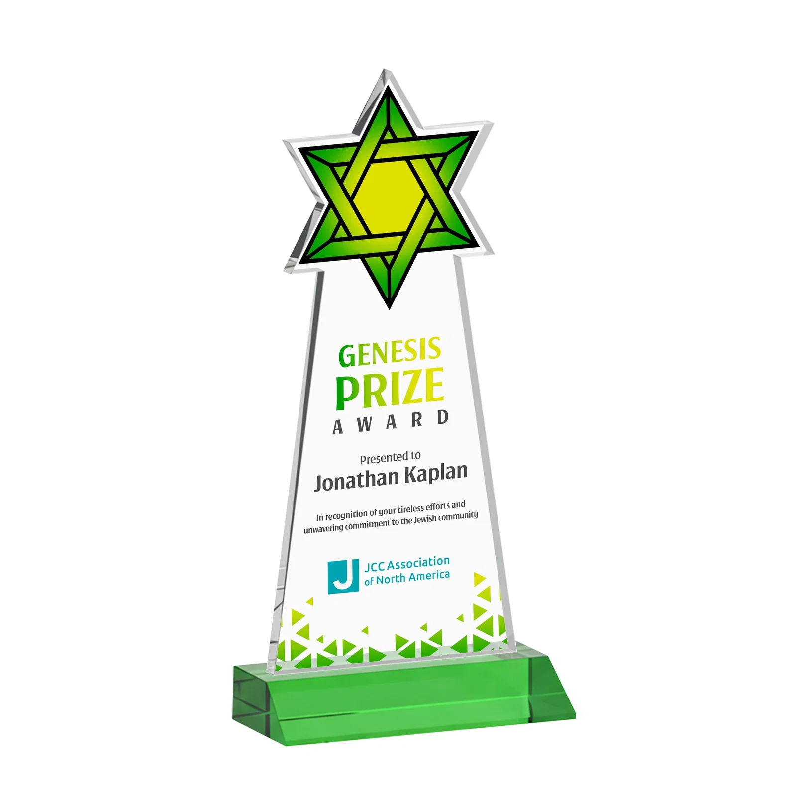 Custom printed Starfire Star of David Award on a Front-Mitered Base for dealer and partner awards