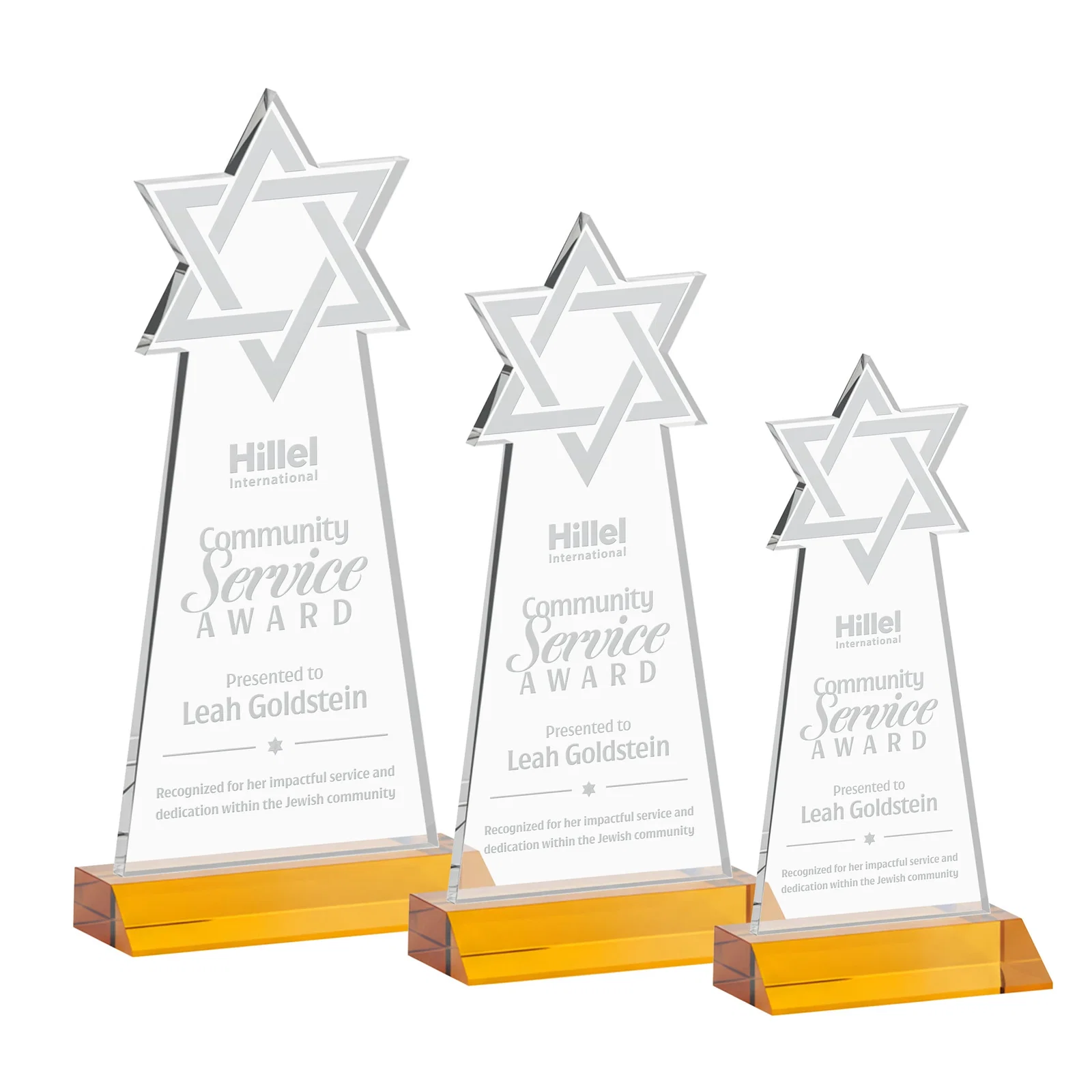 Custom Starfire Star of David Award on a Front-Mitered Base for donor appreciation
