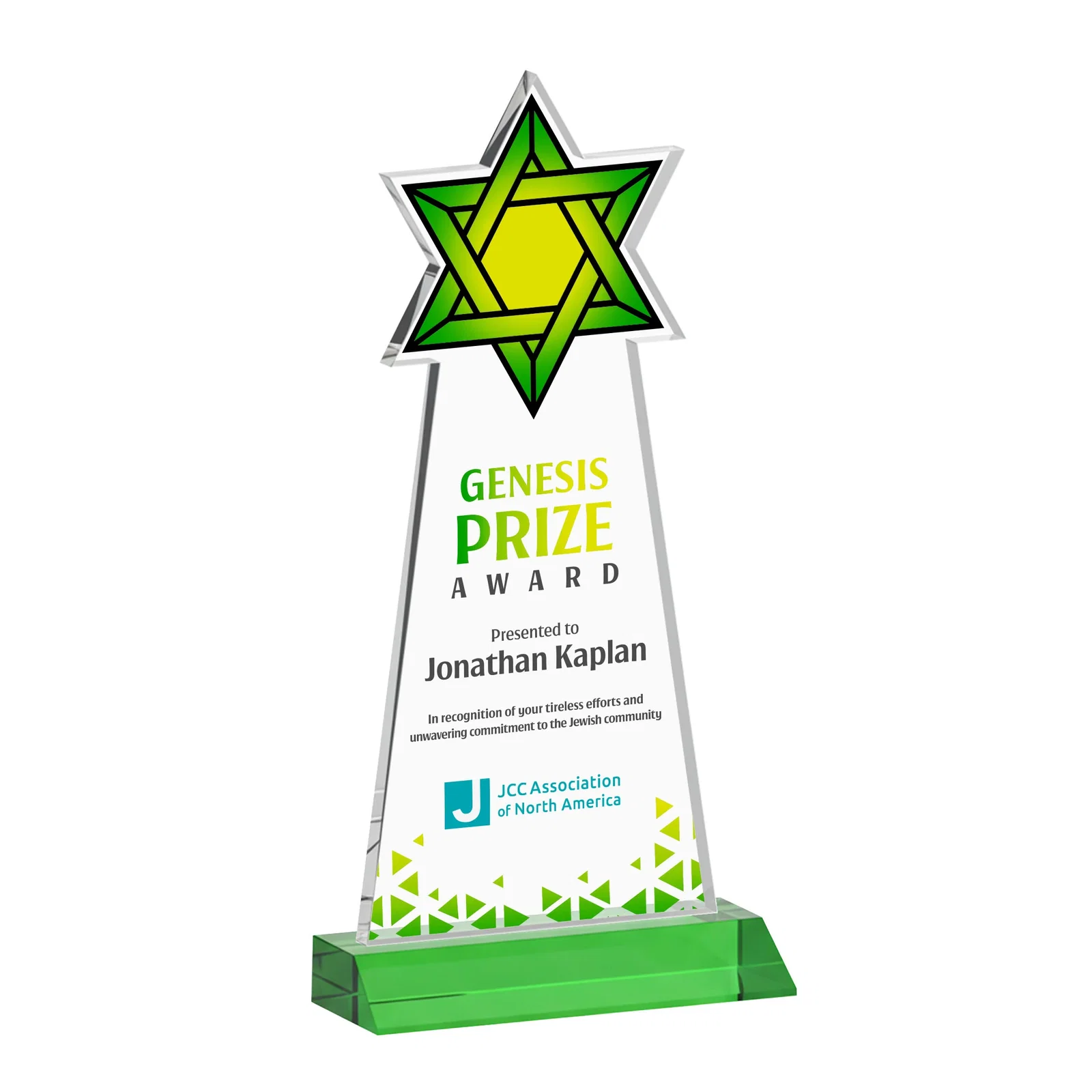 Custom printed Starfire Star of David Award on a Front-Mitered Base for company anniversary events