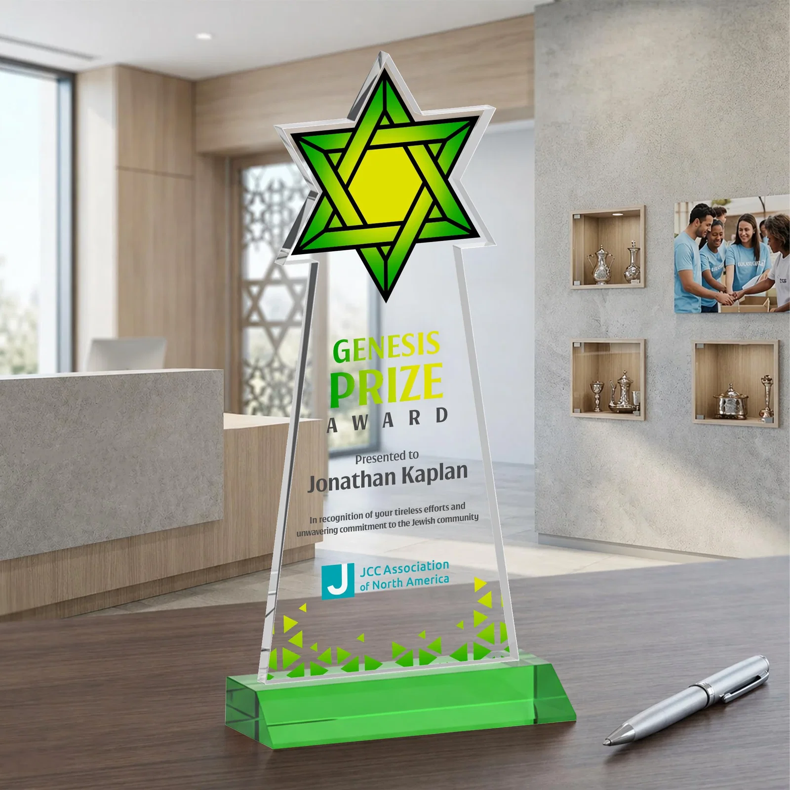 Customized Starfire Star of David Award on a Front-Mitered Base for employee recognition