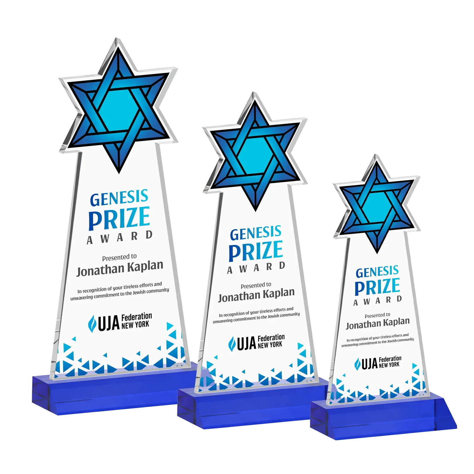 Customized Starfire Star of David Award on a Front-Mitered Base for donor appreciation