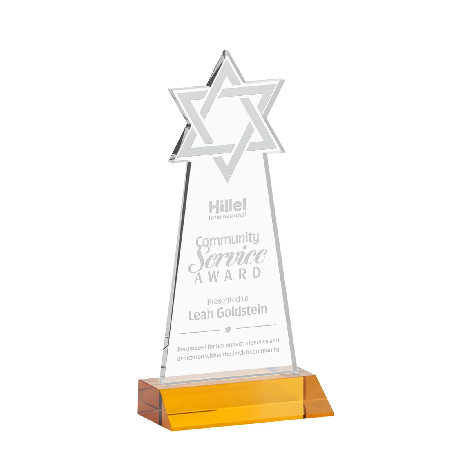 Custom Starfire Star of David Award on a Front-Mitered Base for graduation ceremonies