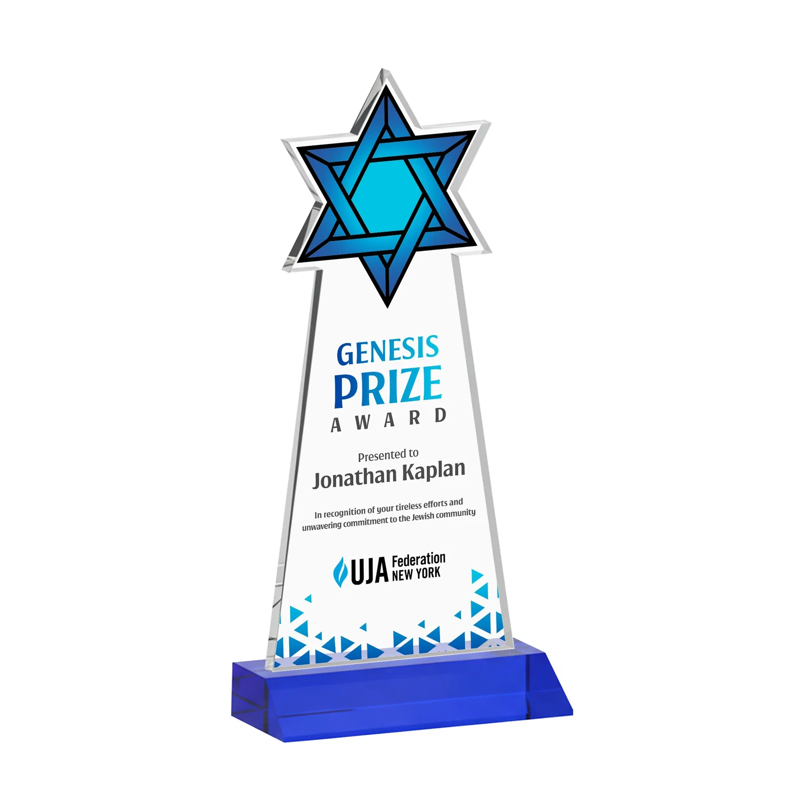Customized Starfire Star of David Award on a Front-Mitered Base for safety achievement programs