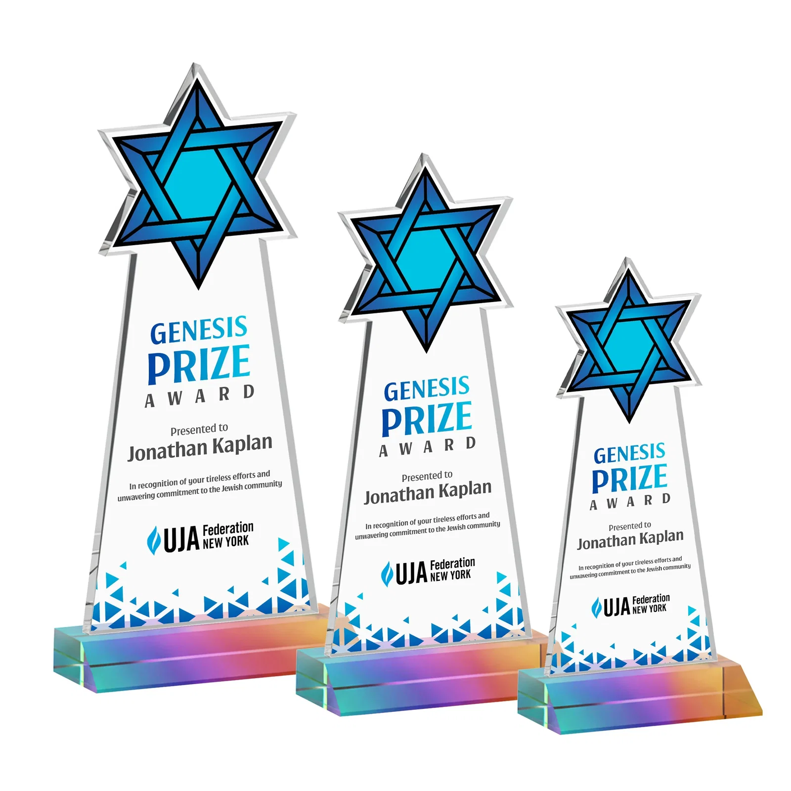 Customized Starfire Star of David Award on a Front-Mitered Base for company anniversary events