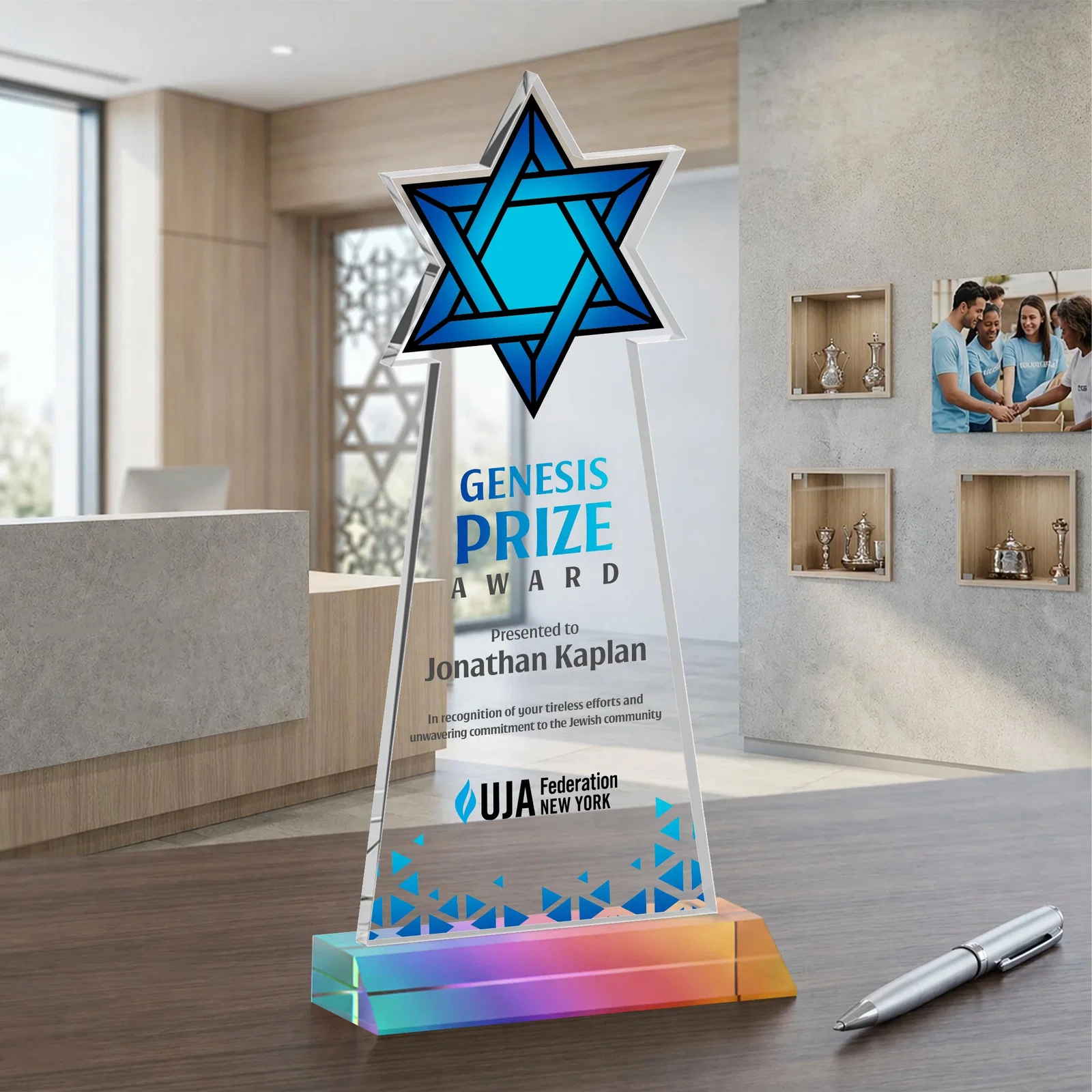 Custom engraved Starfire Star of David Award on a Front-Mitered Base for sales achievement awards
