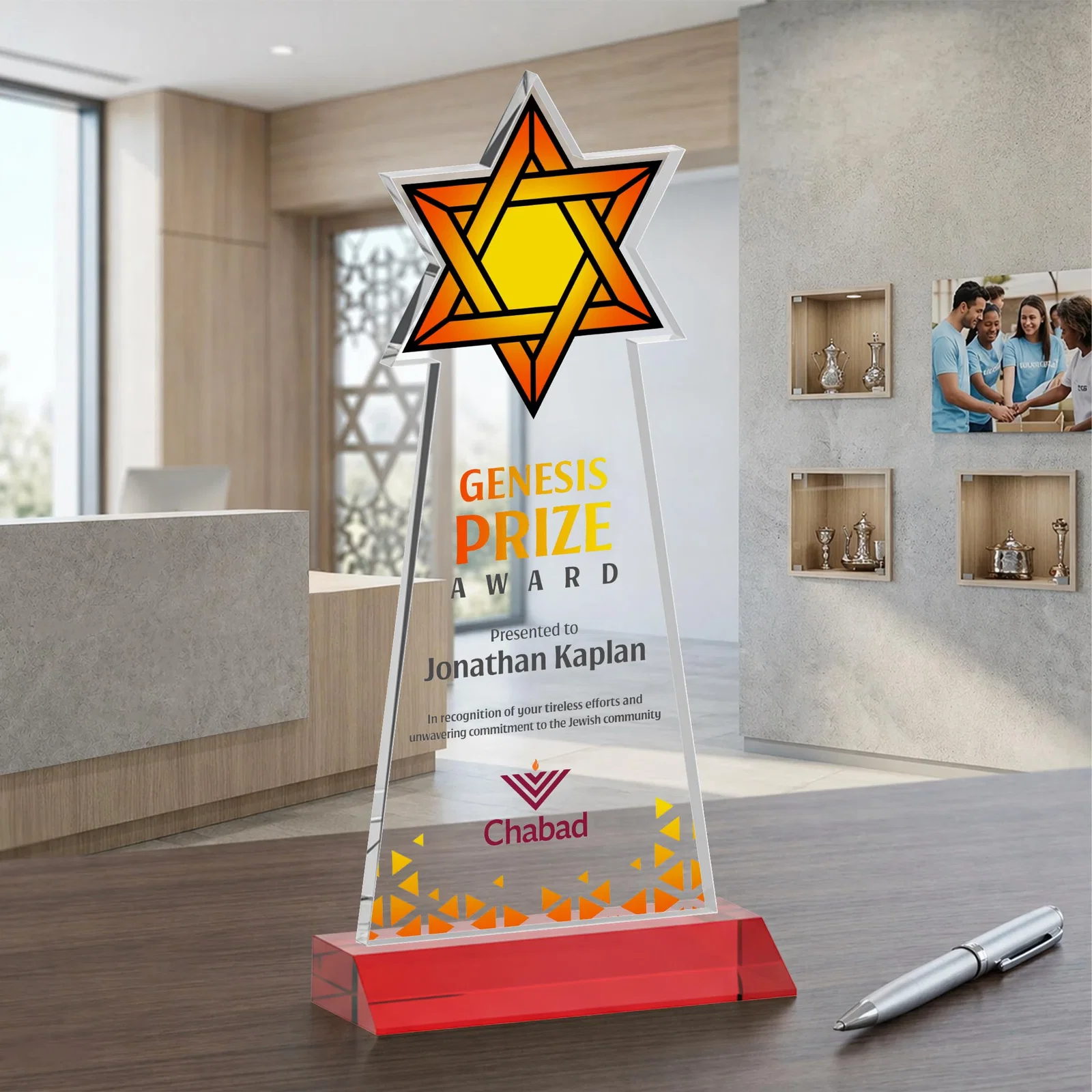 Custom engraved Starfire Star of David Award on a Front-Mitered Base for safety achievement programs