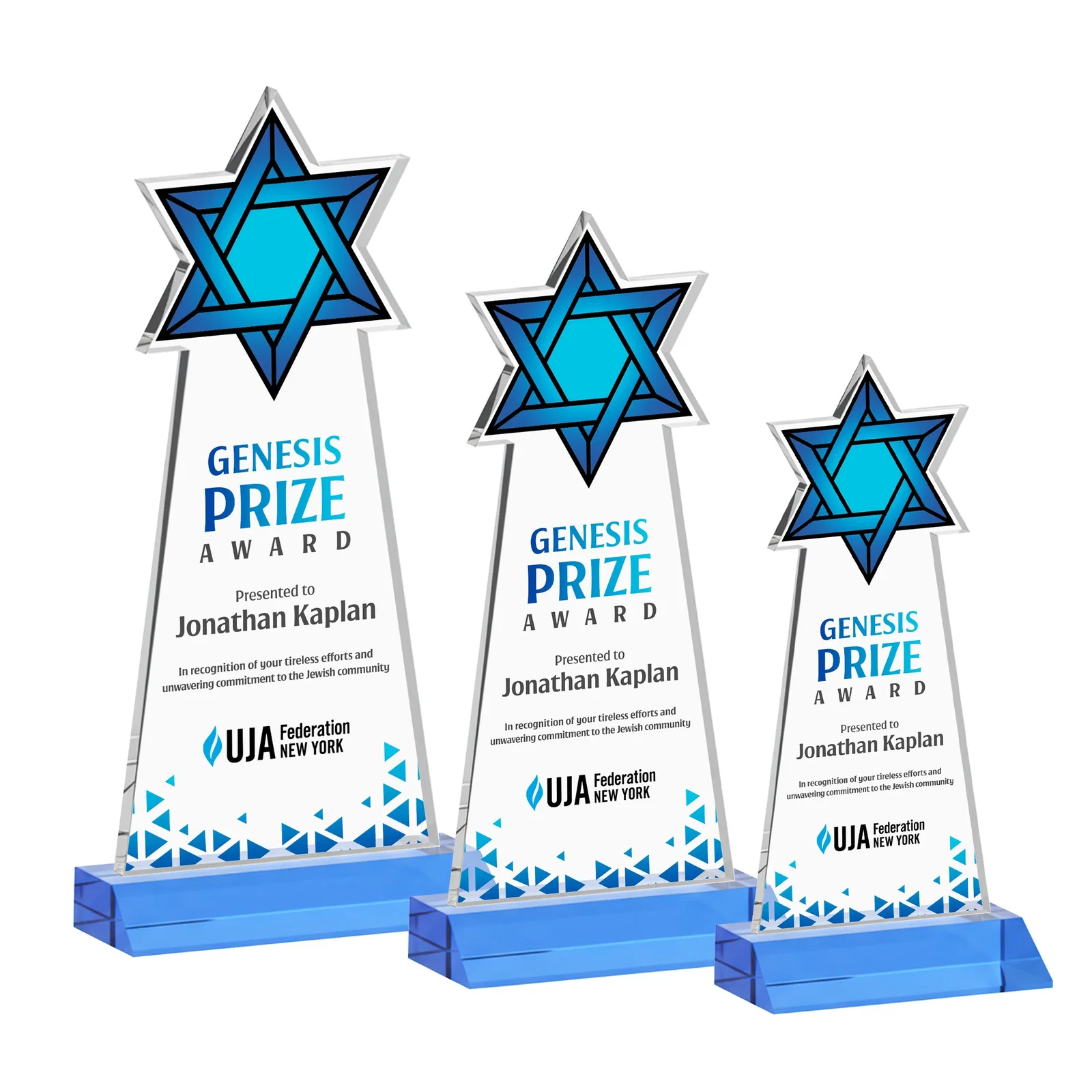 Custom engraved Starfire Star of David Award on a Front-Mitered Base for volunteer appreciation