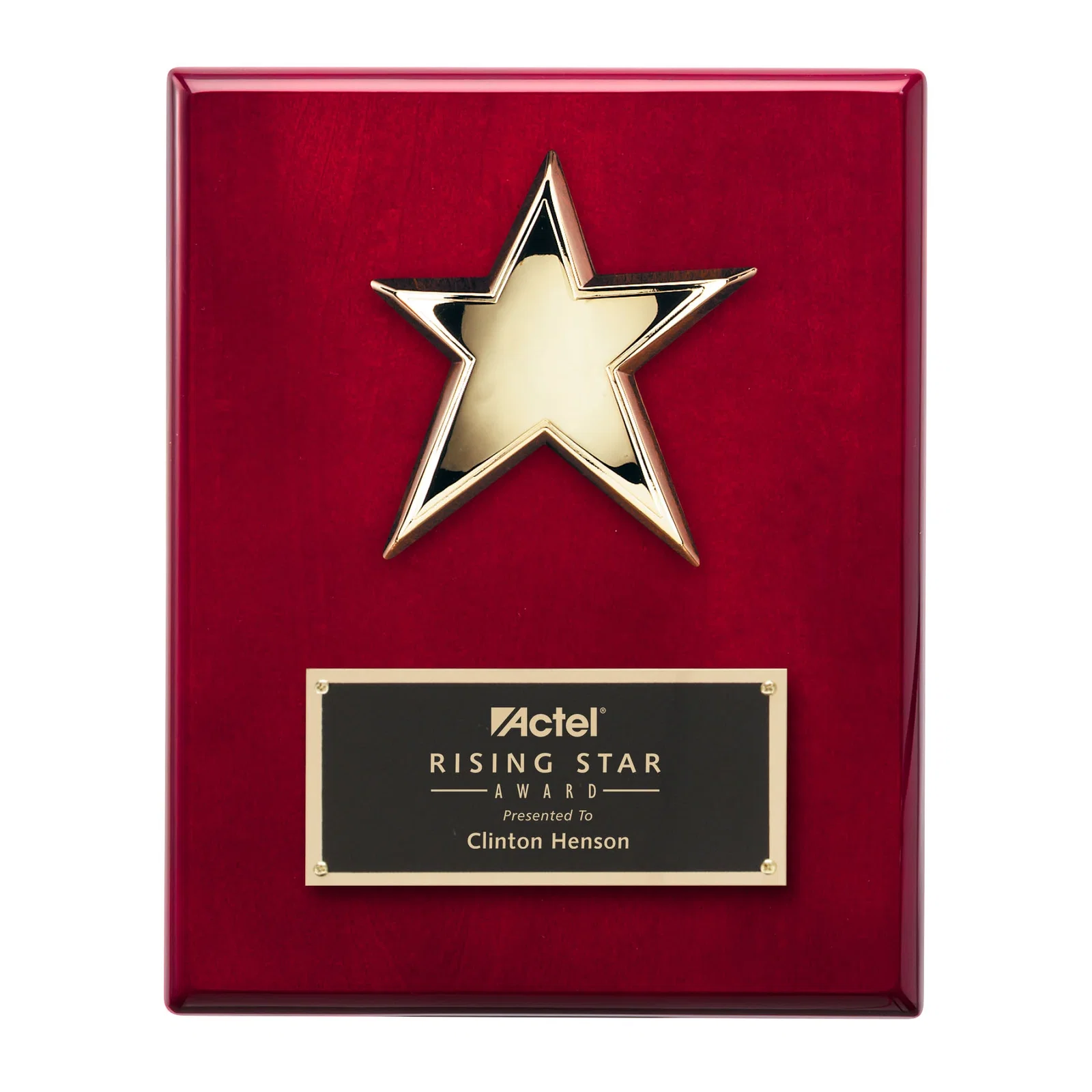 Custom Cast Metal Star Plaque on Rosewood Piano Finish, 8x10 In for employee recognition