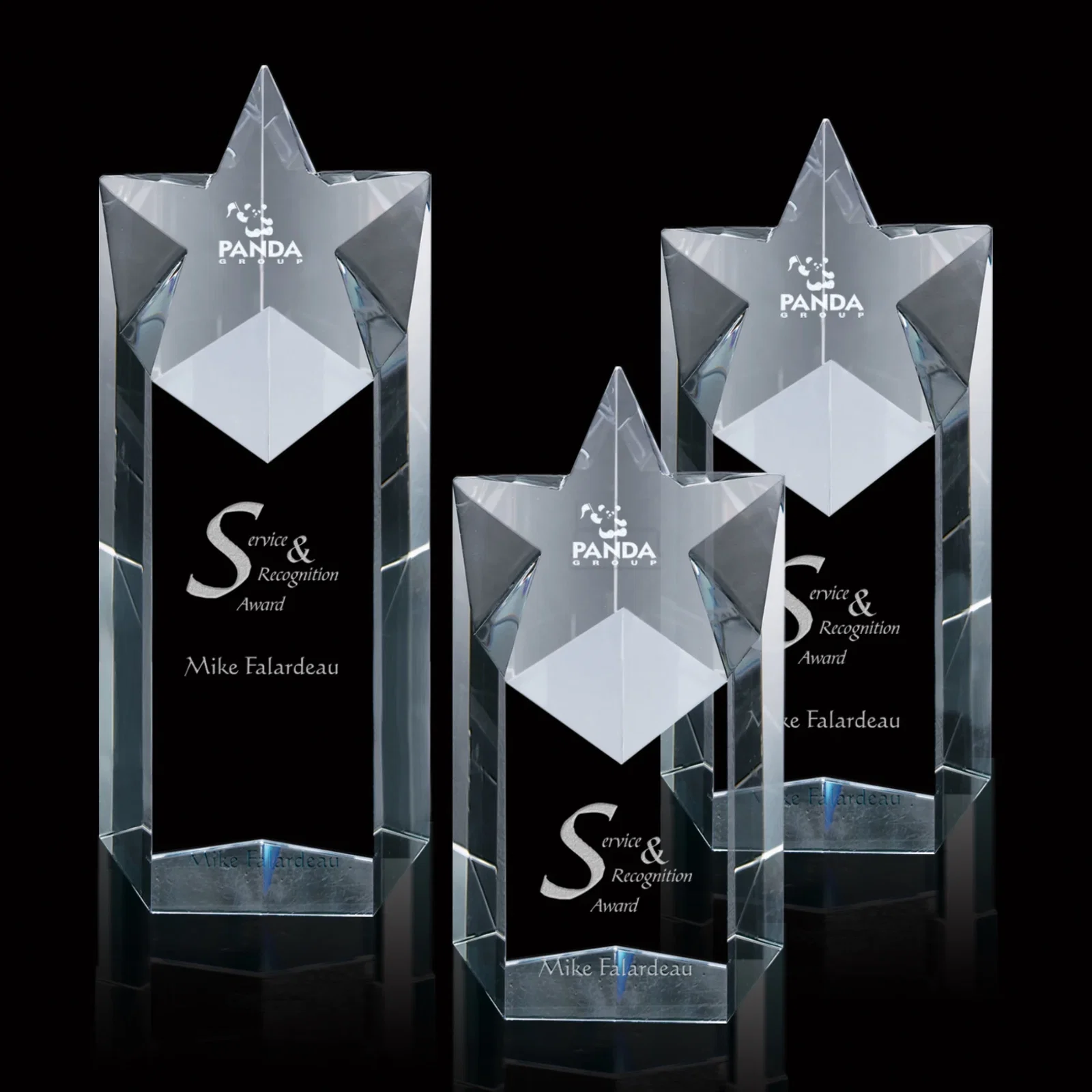 Custom Five-Sided Optical Crystal Star Tower Award for retirement presentations