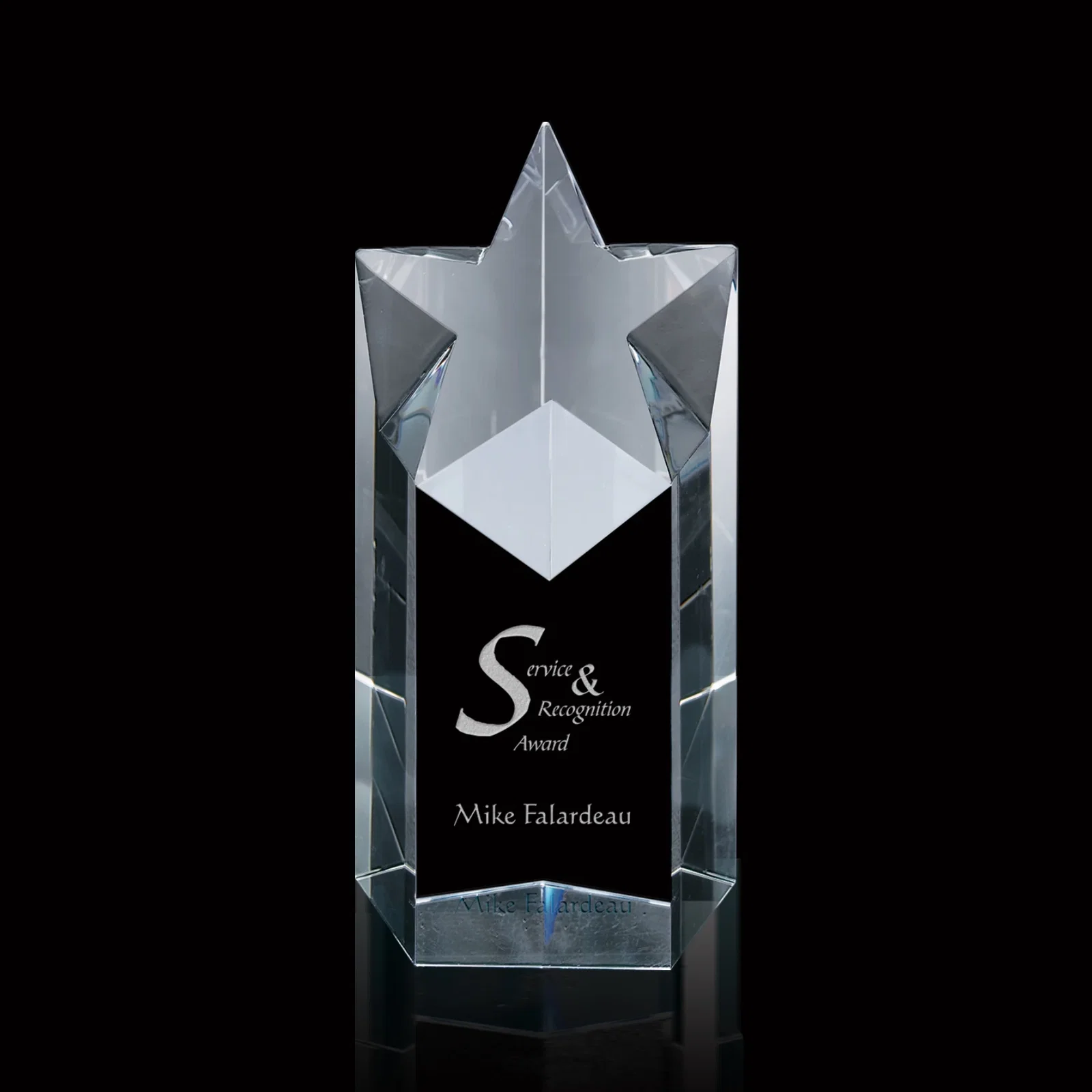 Custom Five-Sided Optical Crystal Star Tower Award for donor appreciation