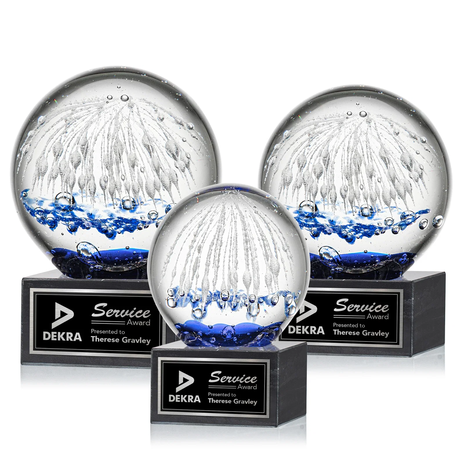 Custom Glass Starburst Sphere Award on Marble Base for employee recognition