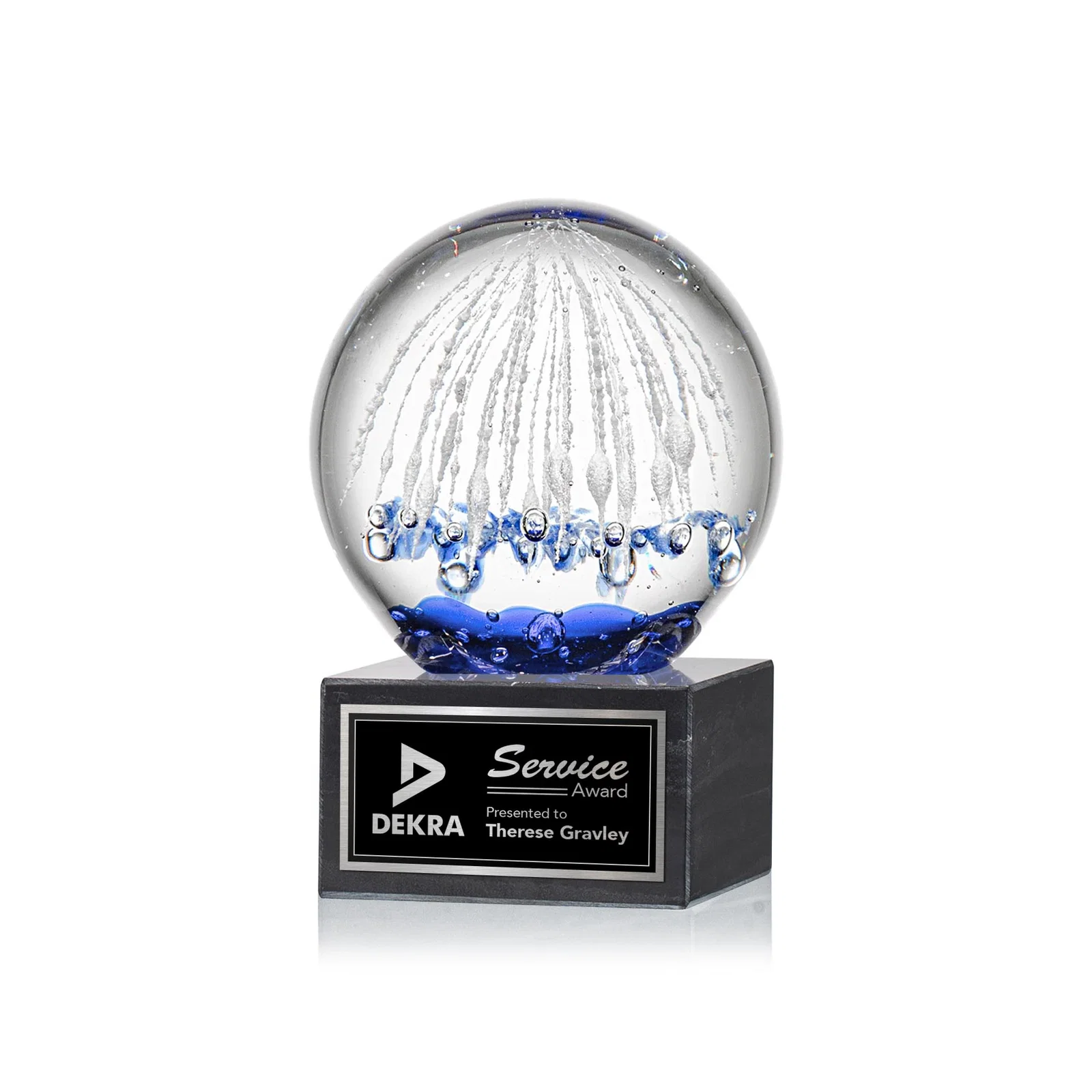 Custom Glass Starburst Sphere Award on Marble Base for corporate award ceremonies