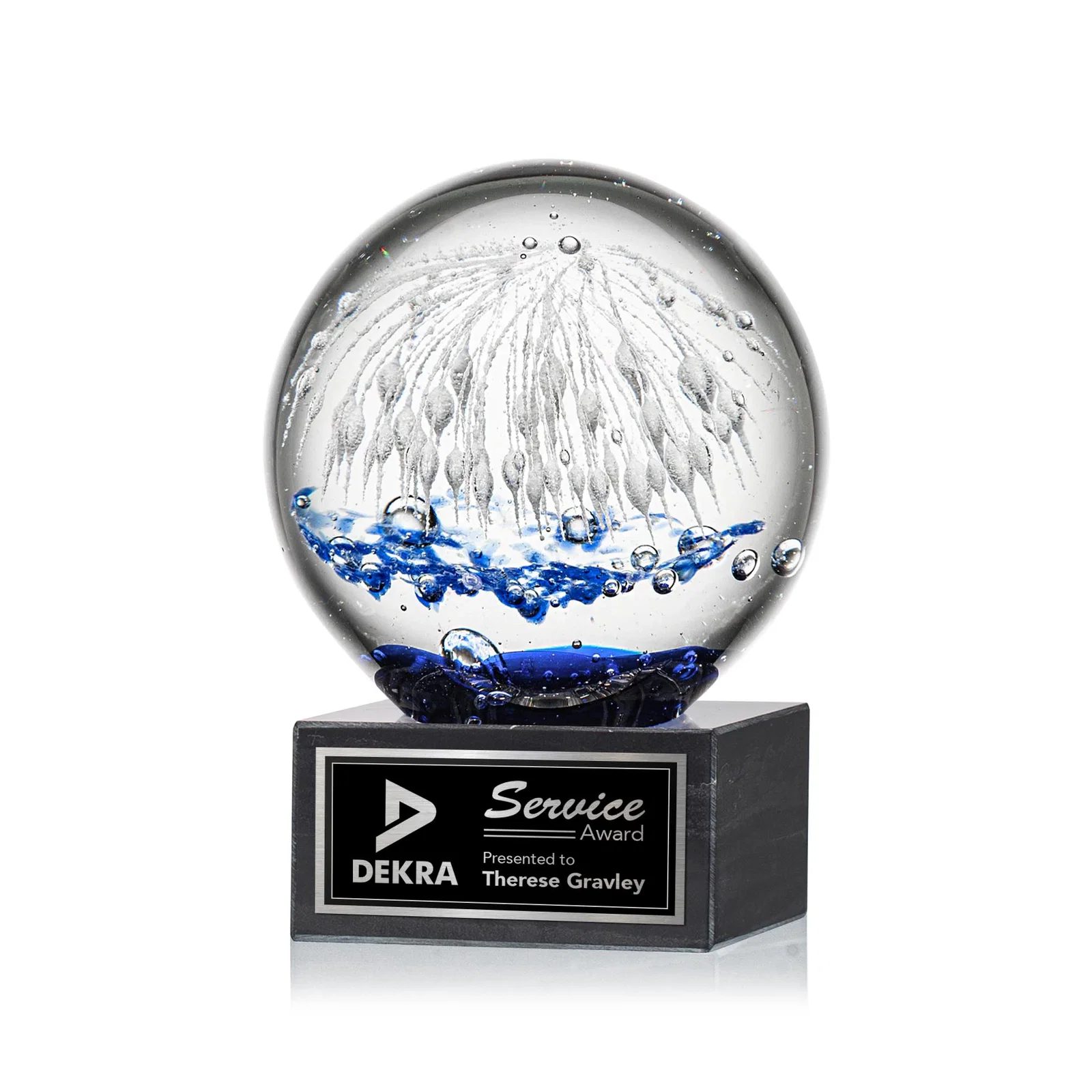 Custom Glass Starburst Sphere Award on Marble Base for service anniversary gifts