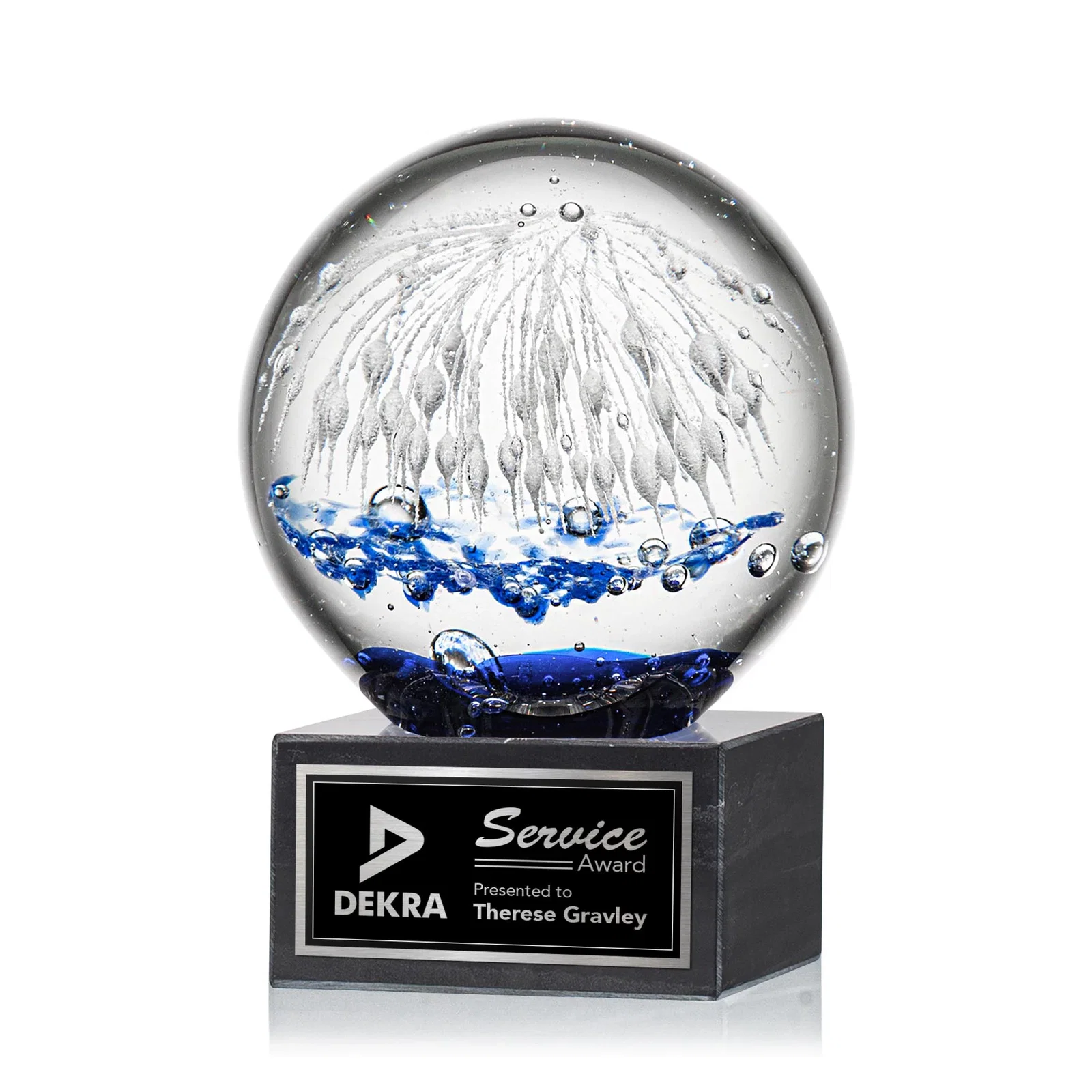 Custom Glass Starburst Sphere Award on Marble Base for sales achievement awards