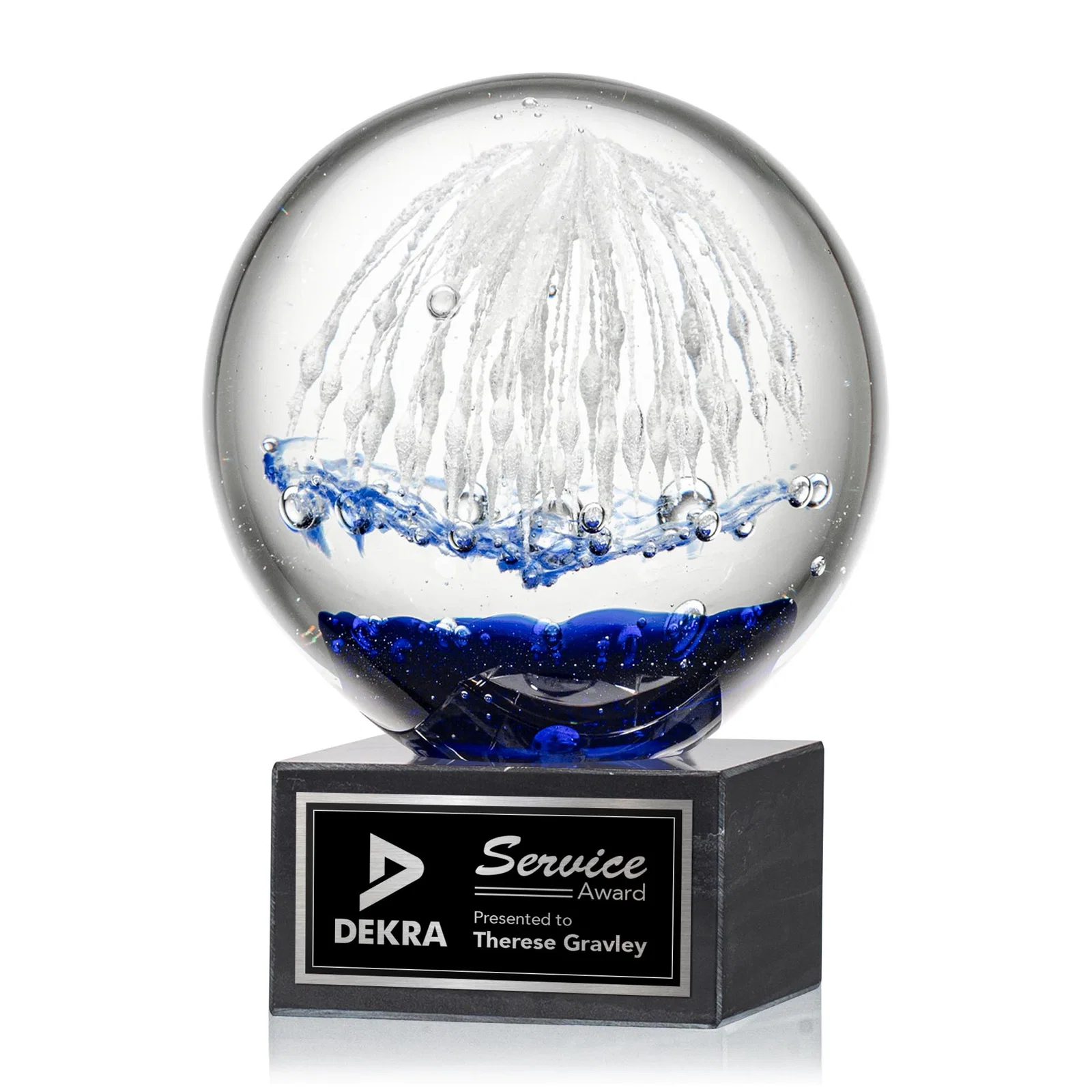 Custom Glass Starburst Sphere Award on Marble Base for retirement presentations