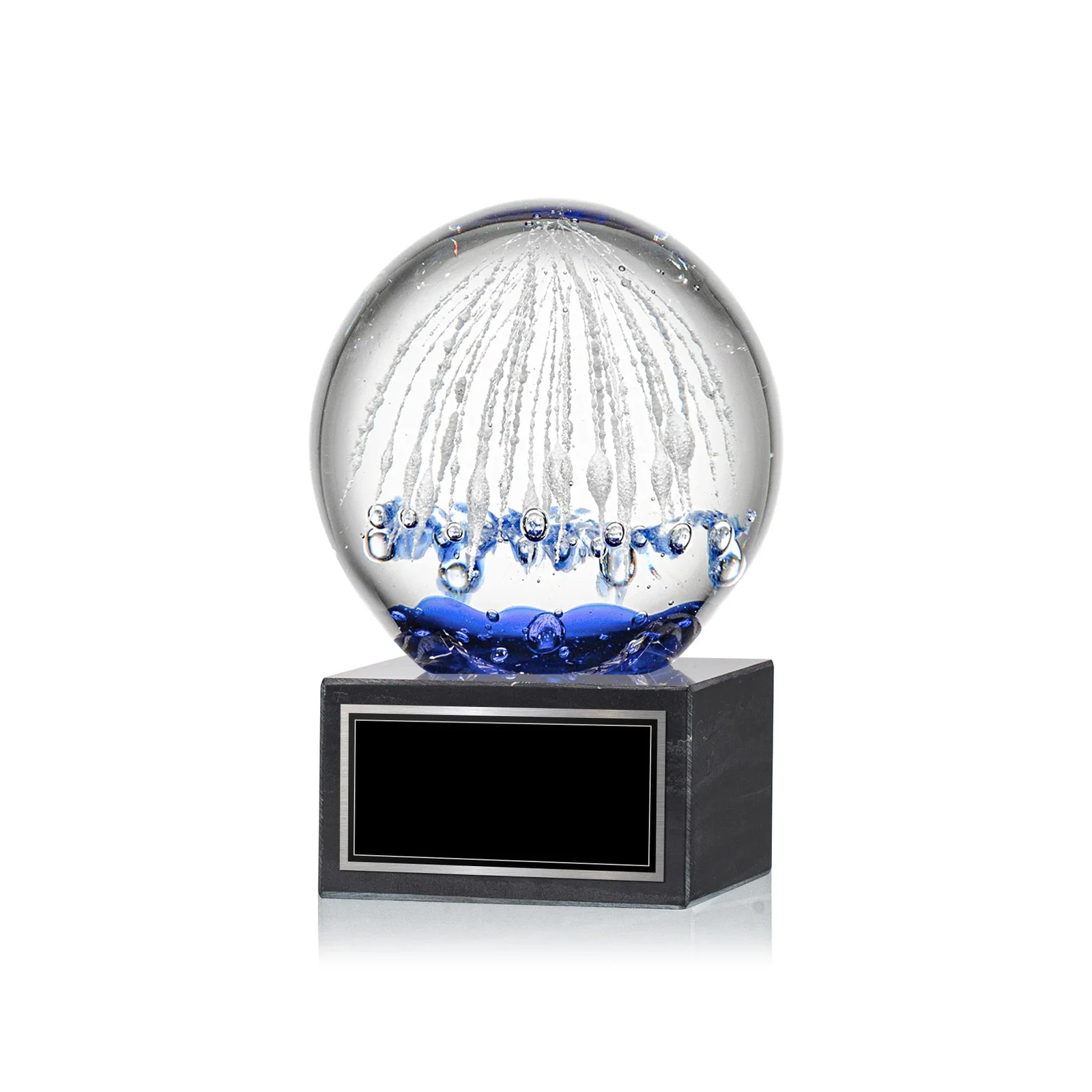 Custom Glass Starburst Sphere Award on Marble Base for team milestone celebrations