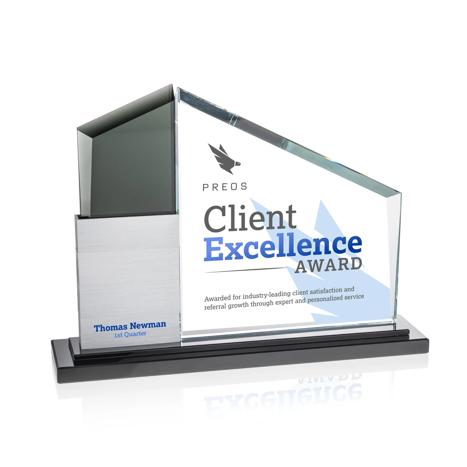 Custom printed Starfire Crystal Circle Award Beside a Curved Add-a-Block Pane for employee recognition
