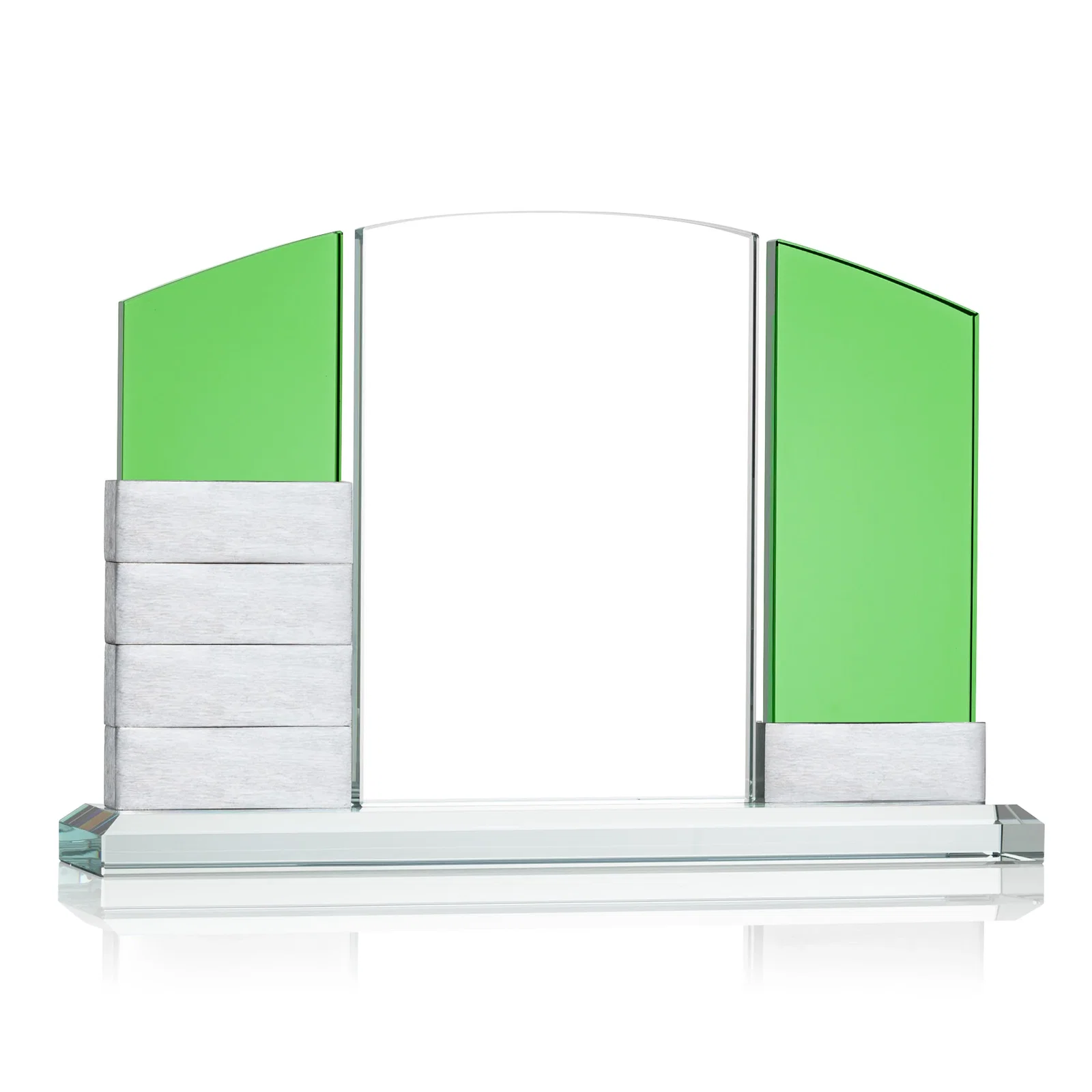 Custom printed Starfire Crystal Circle Award Beside a Curved Add-a-Block Pane for sales achievement awards