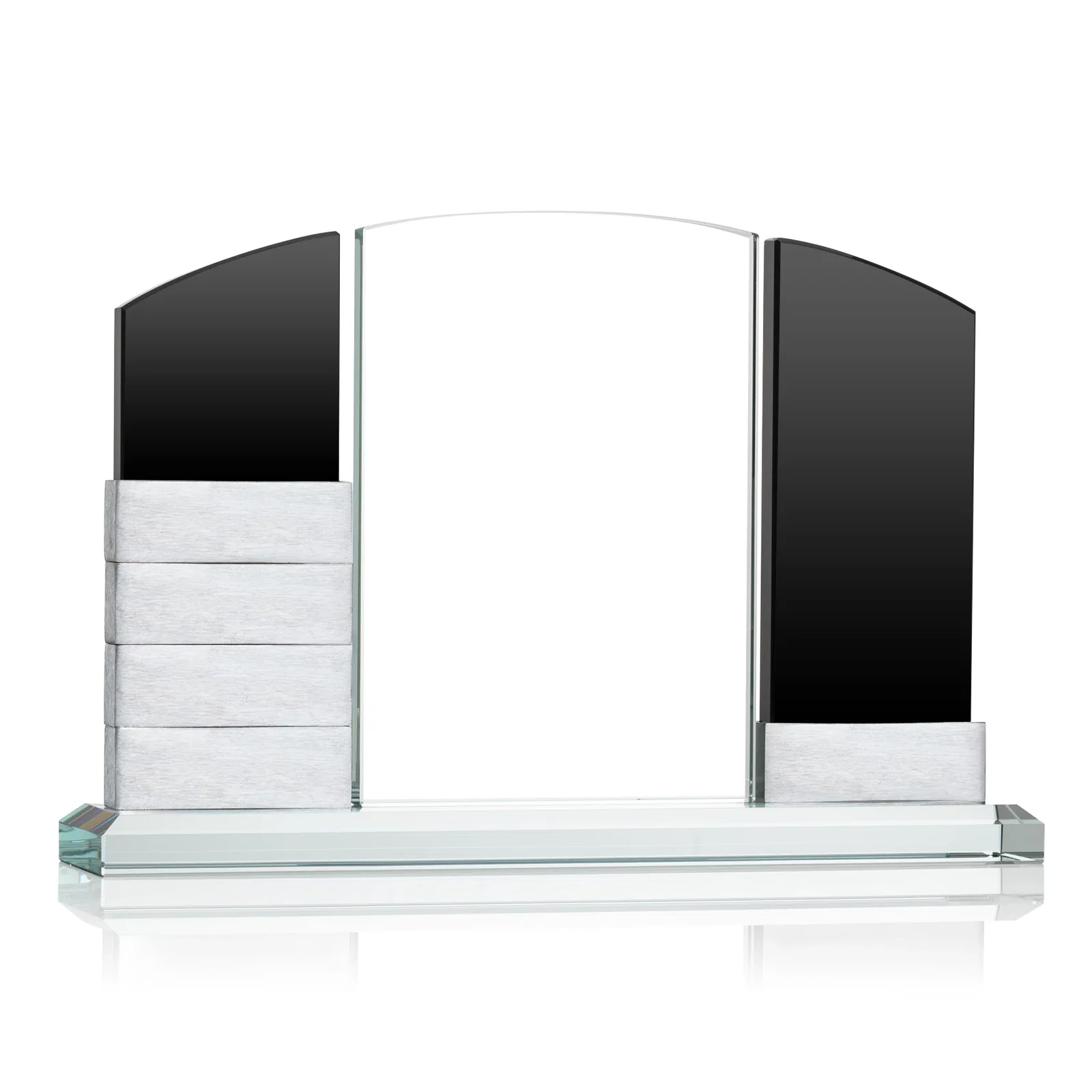 Custom printed Starfire Crystal Circle Award Beside a Curved Add-a-Block Pane for team milestone celebrations
