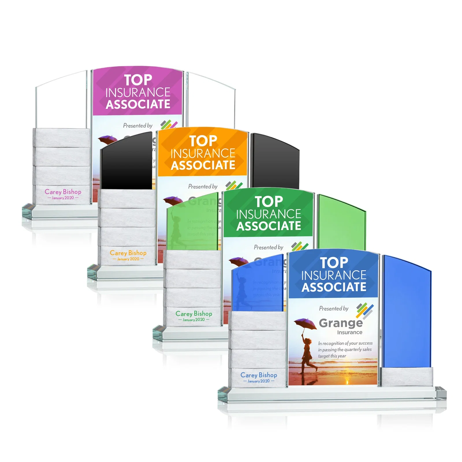 Personalized Starfire Crystal Circle Award Beside a Curved Add-a-Block Pane for volunteer appreciation