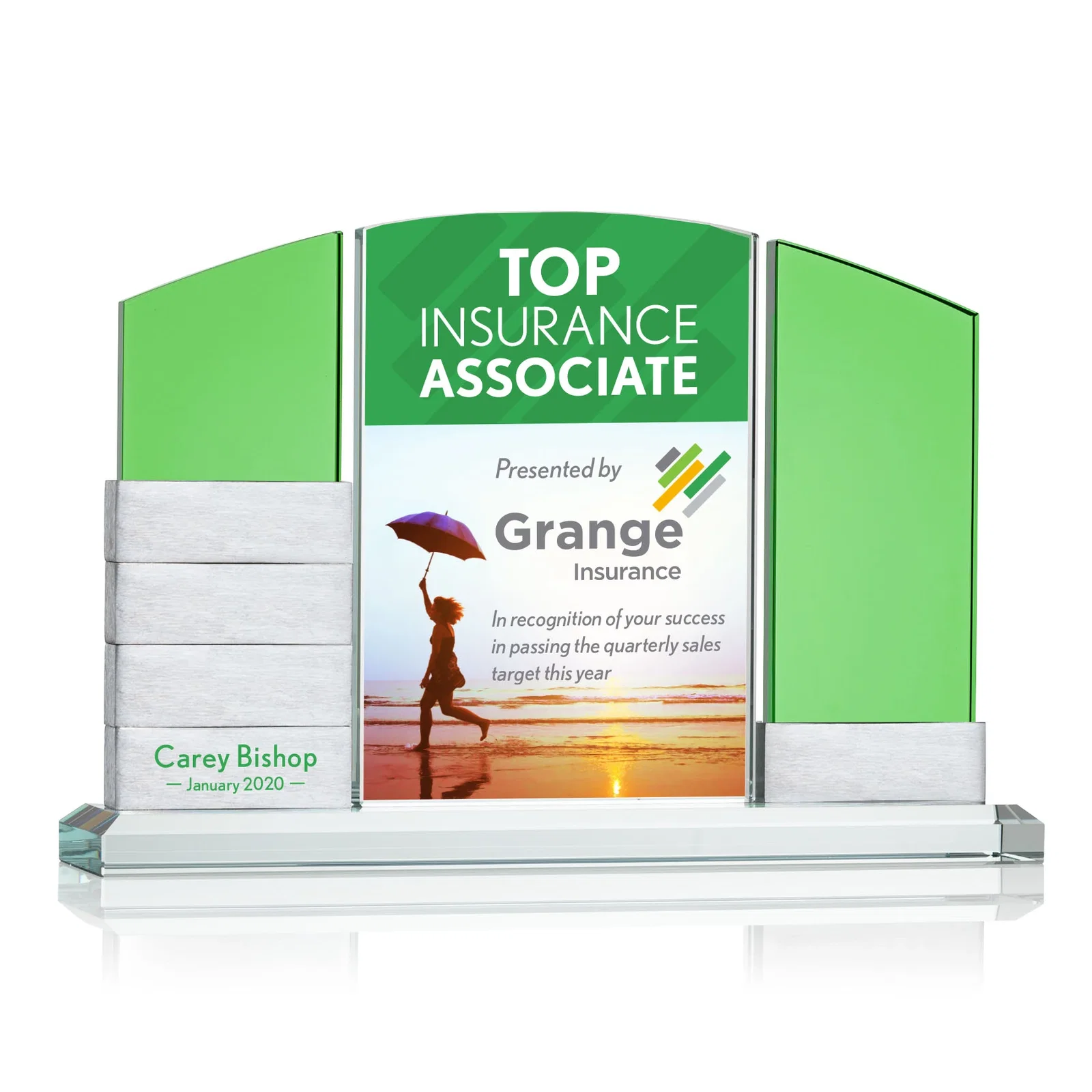 Personalized Starfire Crystal Circle Award Beside a Curved Add-a-Block Pane for dealer and partner awards
