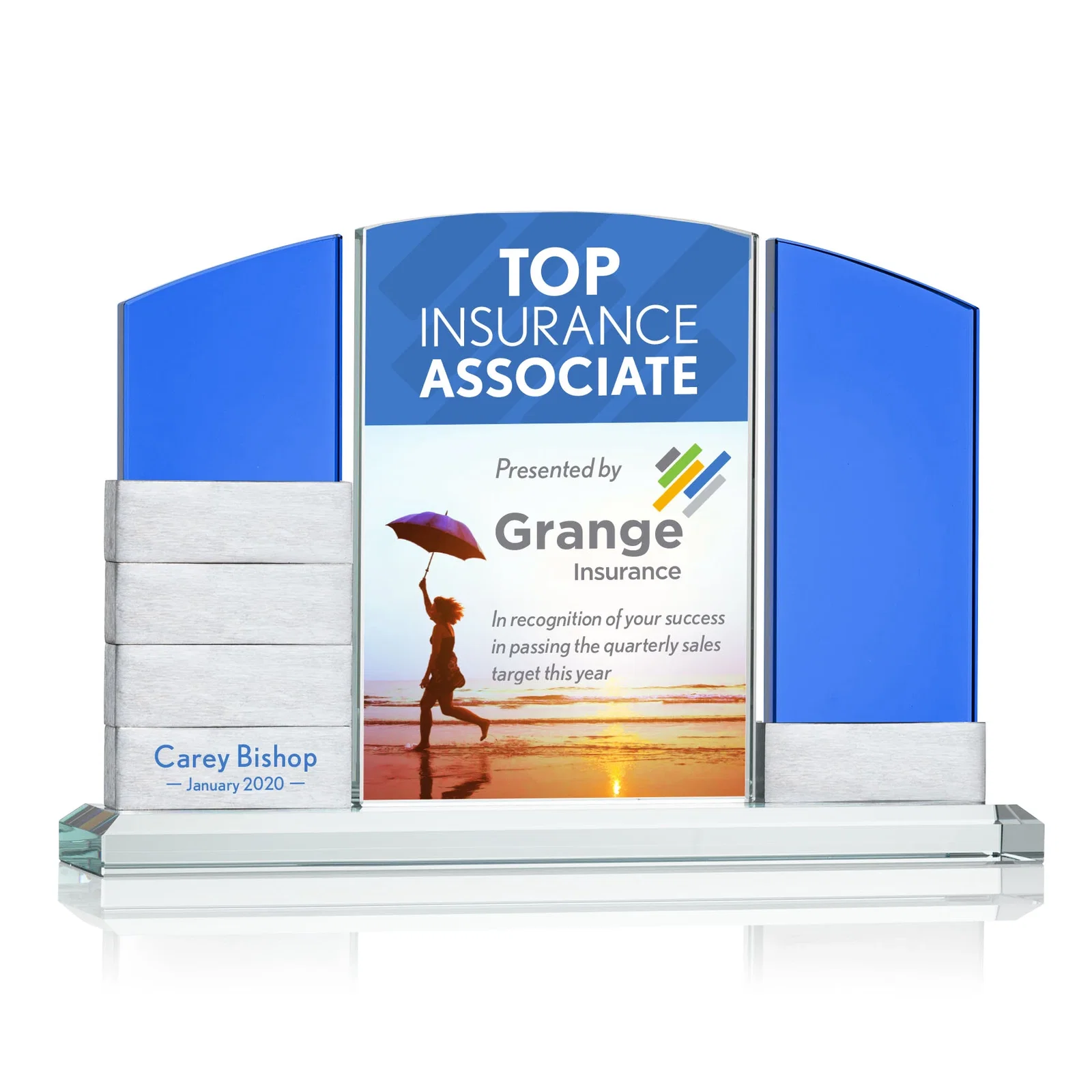 Personalized Starfire Crystal Circle Award Beside a Curved Add-a-Block Pane for company anniversary events