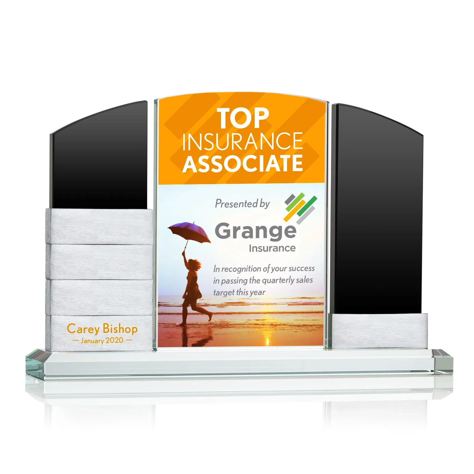 Promotional Starfire Crystal Circle Award Beside a Curved Add-a-Block Pane for employee recognition
