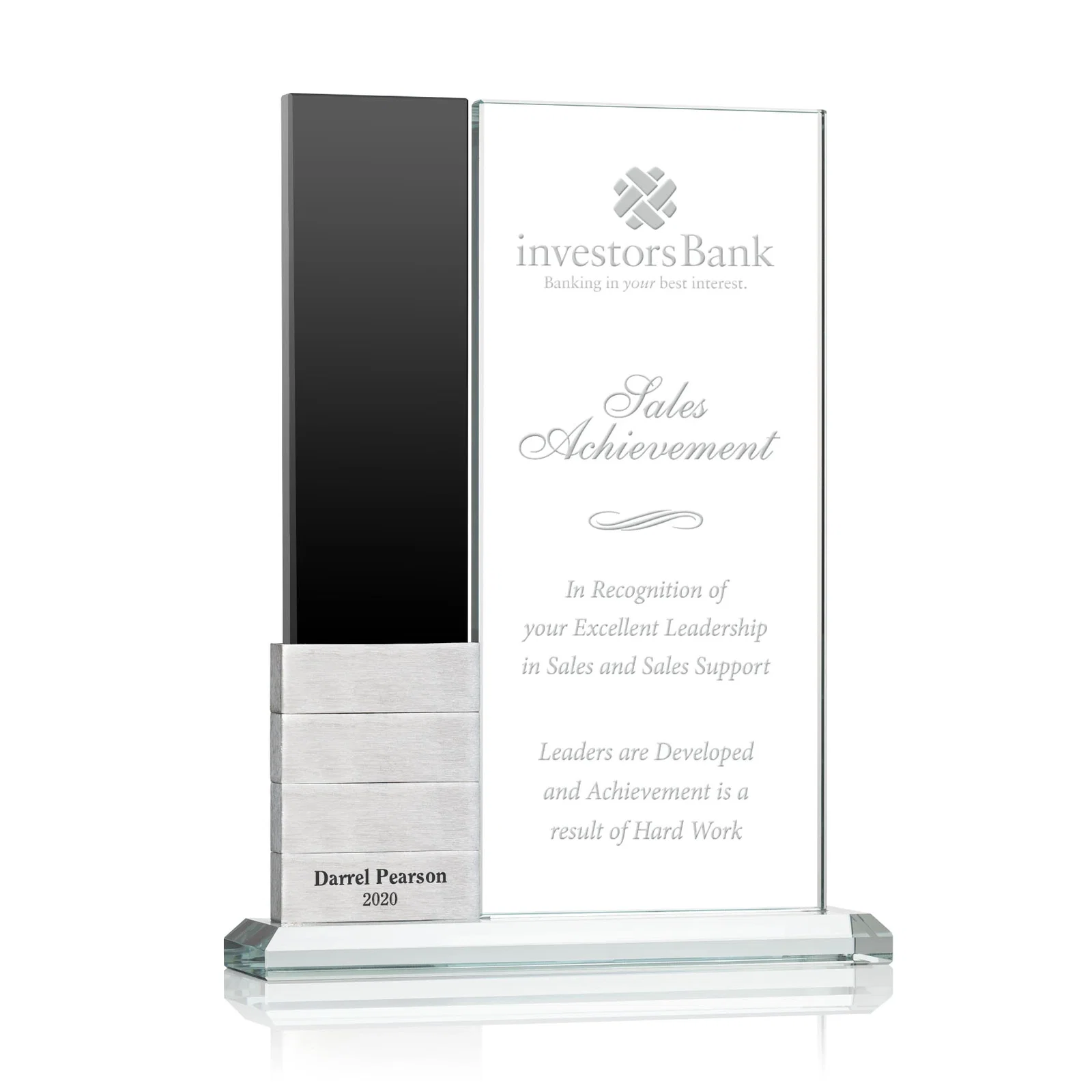 Promotional Starfire Crystal Circle Award Beside a Curved Add-a-Block Pane for donor appreciation