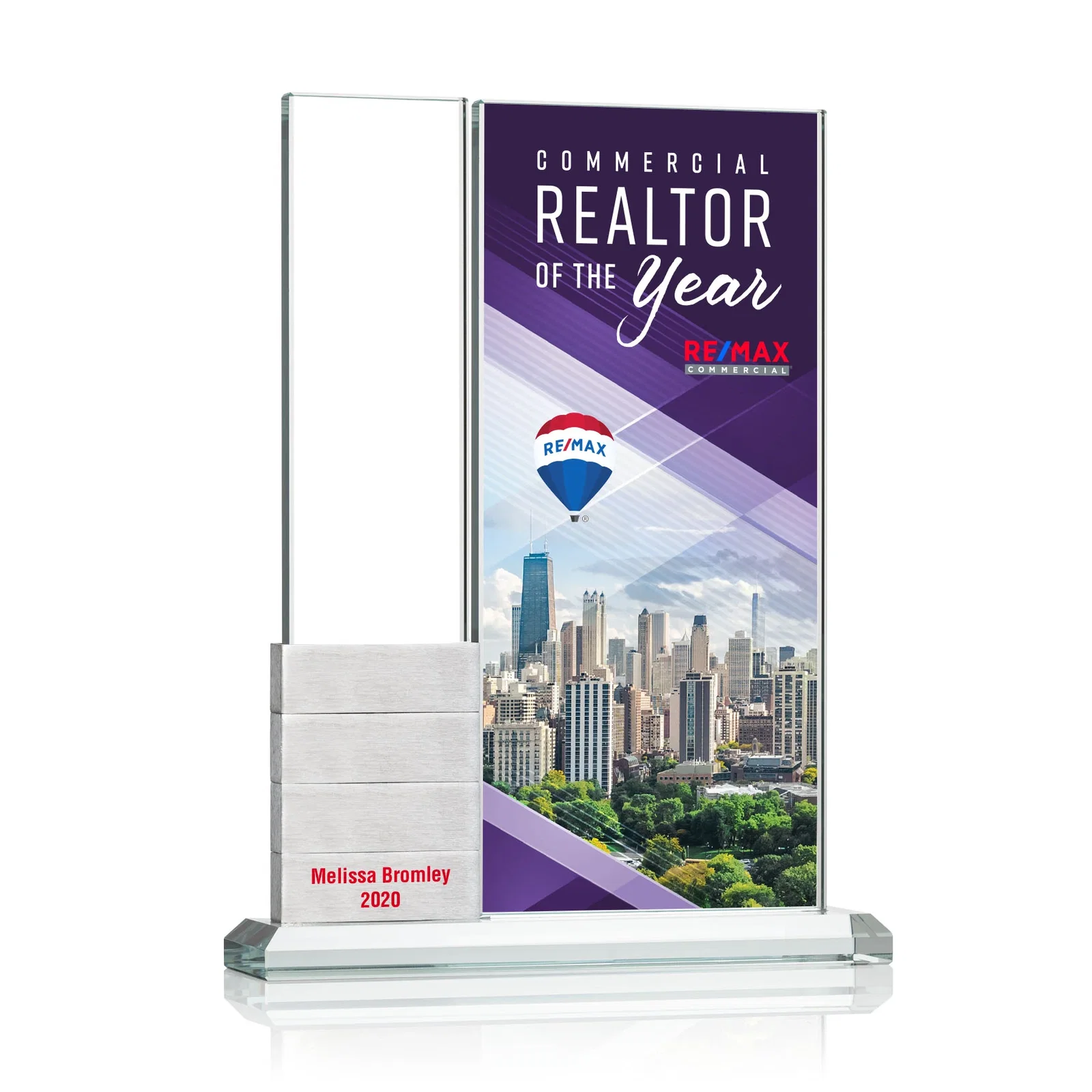 Branded Starfire Crystal Circle Award Beside a Curved Add-a-Block Pane for corporate award ceremonies