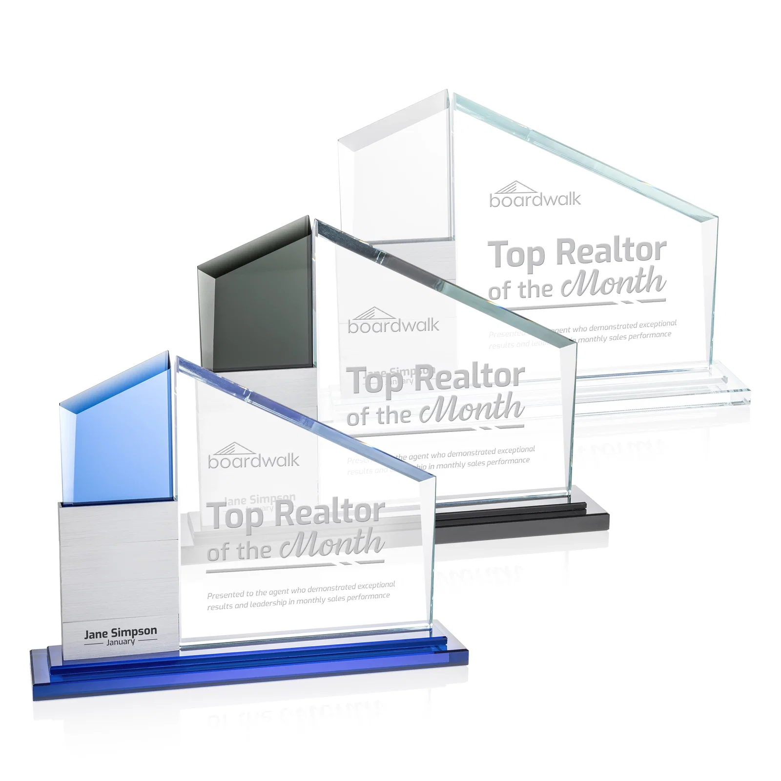 Branded Starfire Crystal Circle Award Beside a Curved Add-a-Block Pane for sales achievement awards