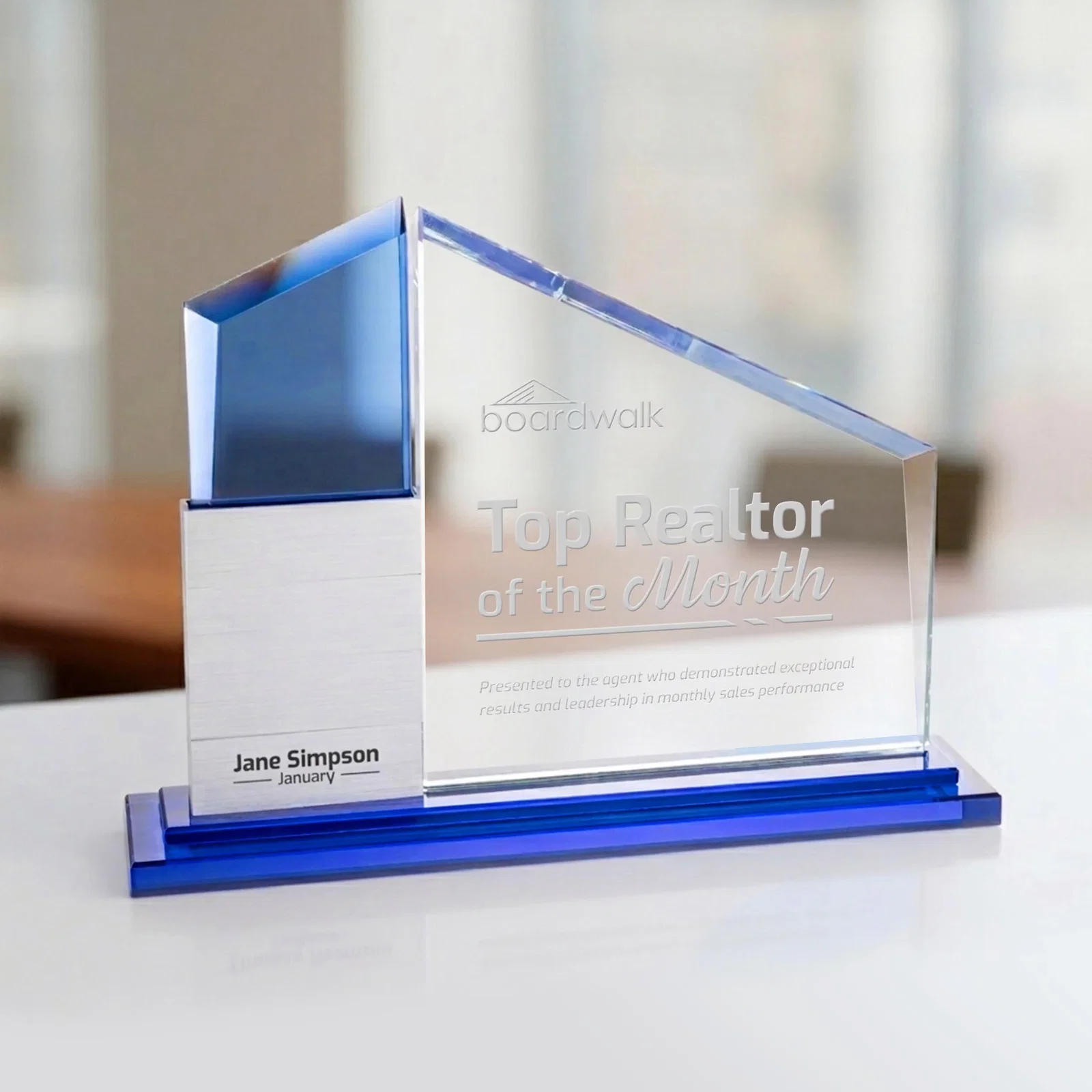 Branded Starfire Crystal Tower Award Holds 12 Stackable Aluminum Blocks for volunteer appreciation