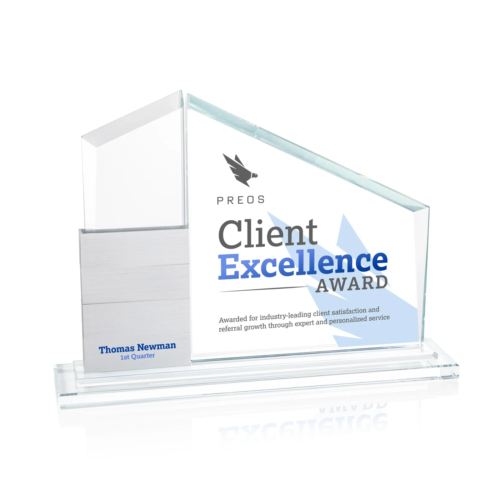 Custom printed Starfire Crystal Tower Award Holds 12 Stackable Aluminum Blocks for corporate award ceremonies