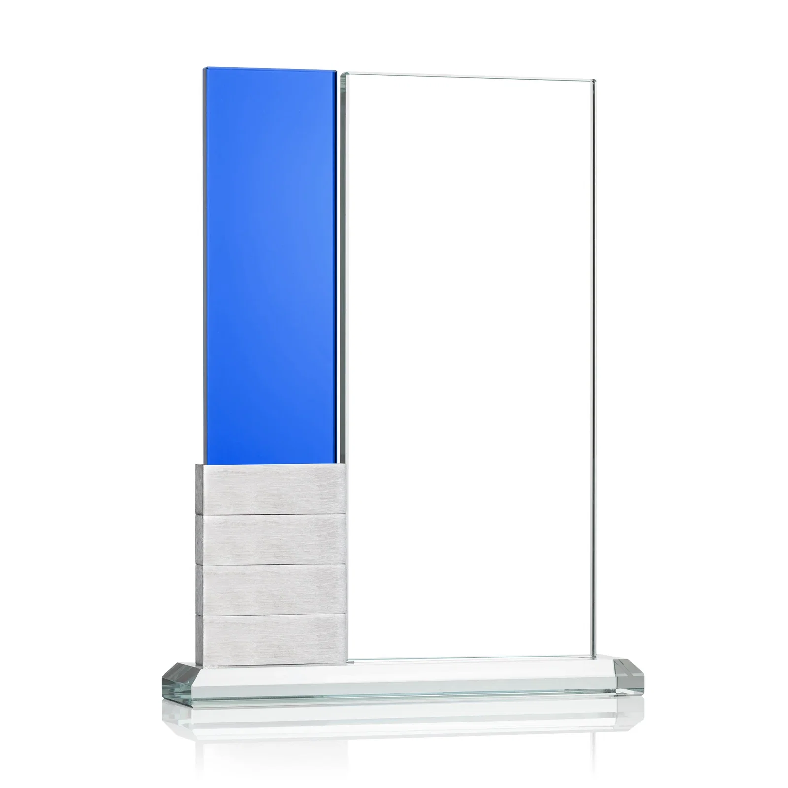 Custom printed Starfire Crystal Tower Award Holds 12 Stackable Aluminum Blocks for retirement presentations
