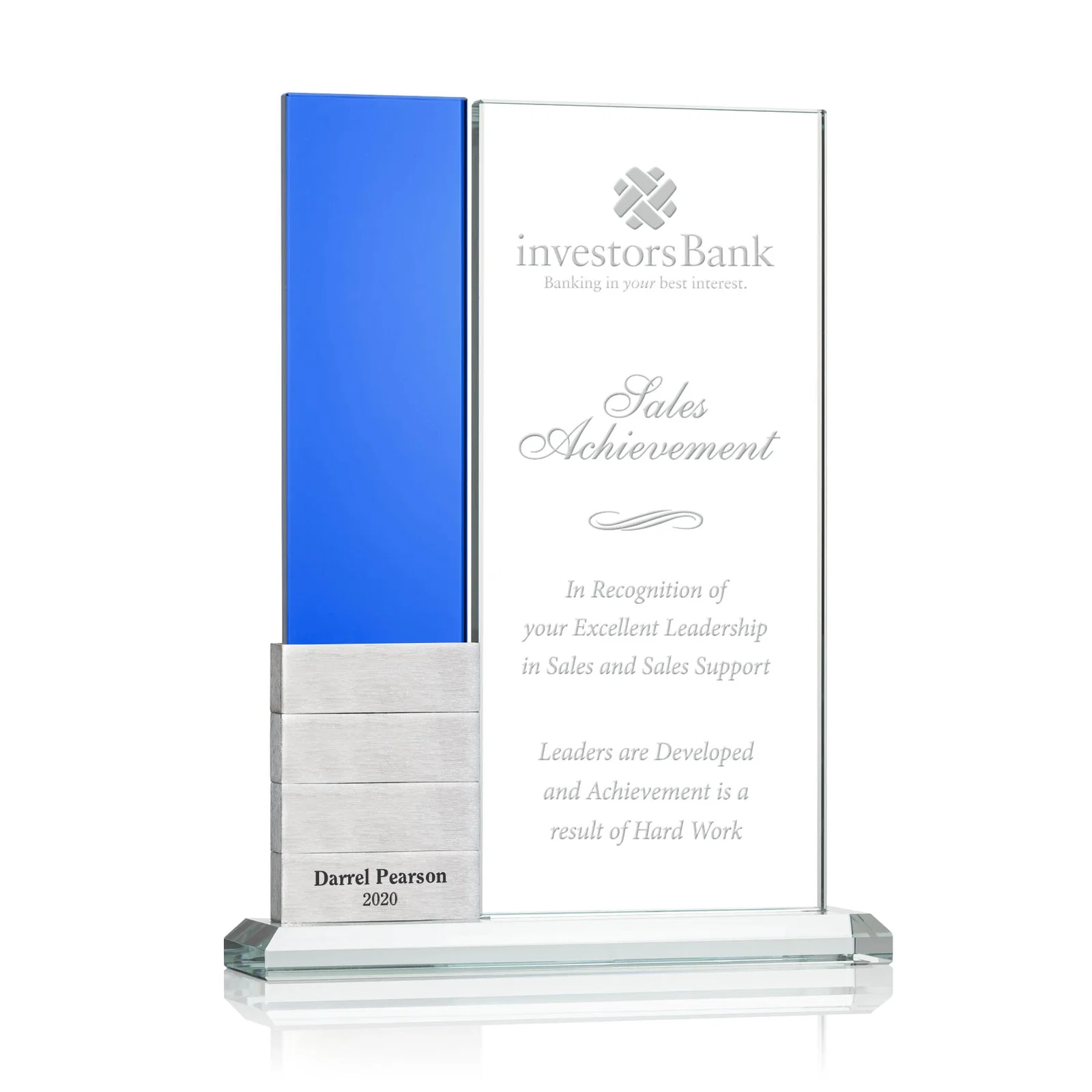 Personalized Starfire Crystal Tower Award Holds 12 Stackable Aluminum Blocks for donor appreciation