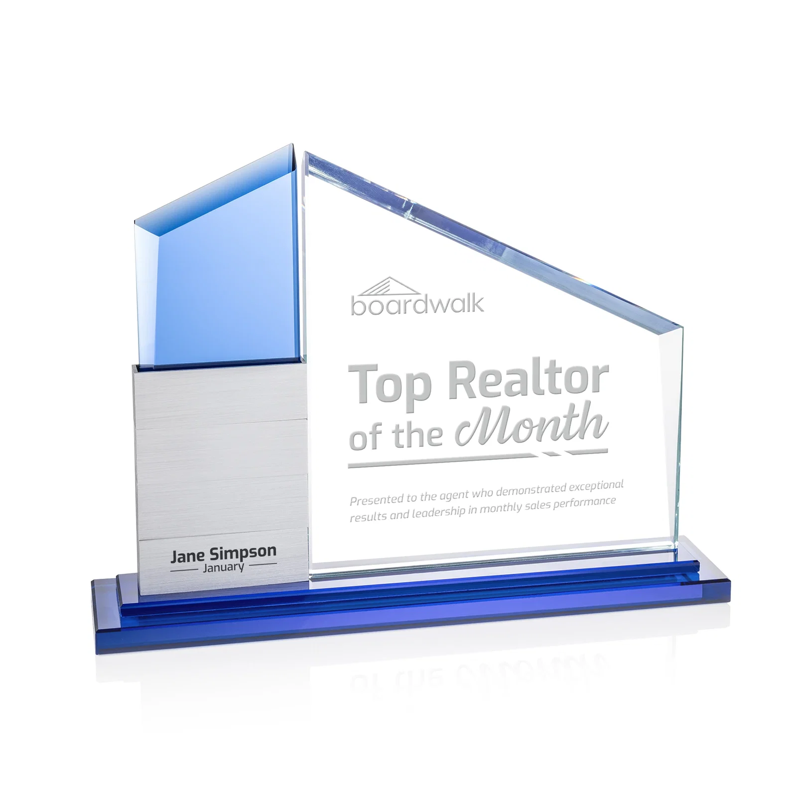 Branded Starfire Crystal Tower Award Holds 12 Stackable Aluminum Blocks for retirement presentations