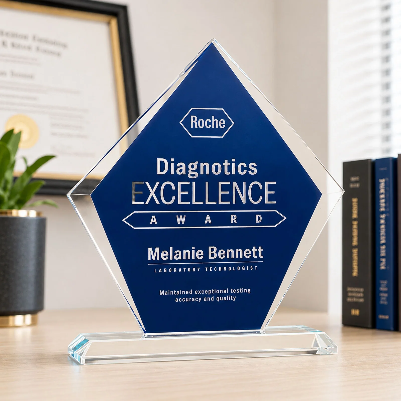 Custom Starfire Award with Centered Engrave-Through Sapphire, awards for team milestone celebrations