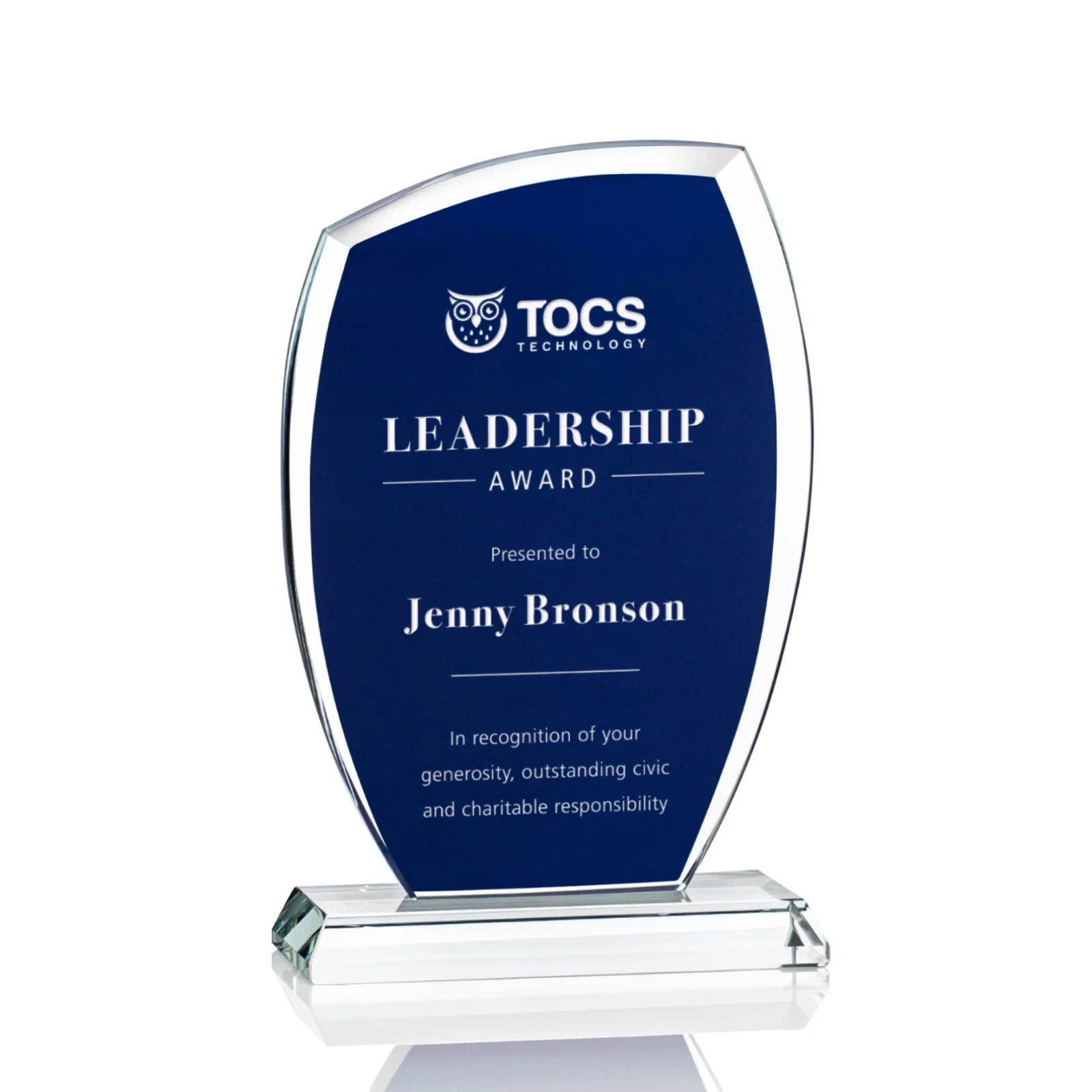 Custom Starfire Shield Award with Engrave-Through Sapphire Top, awards for corporate award ceremonies