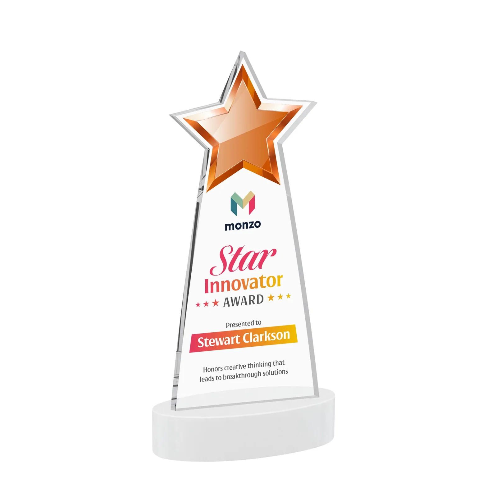 Custom engraved Starfire Crystal Star Cutout Award in Eight Colors for employee recognition