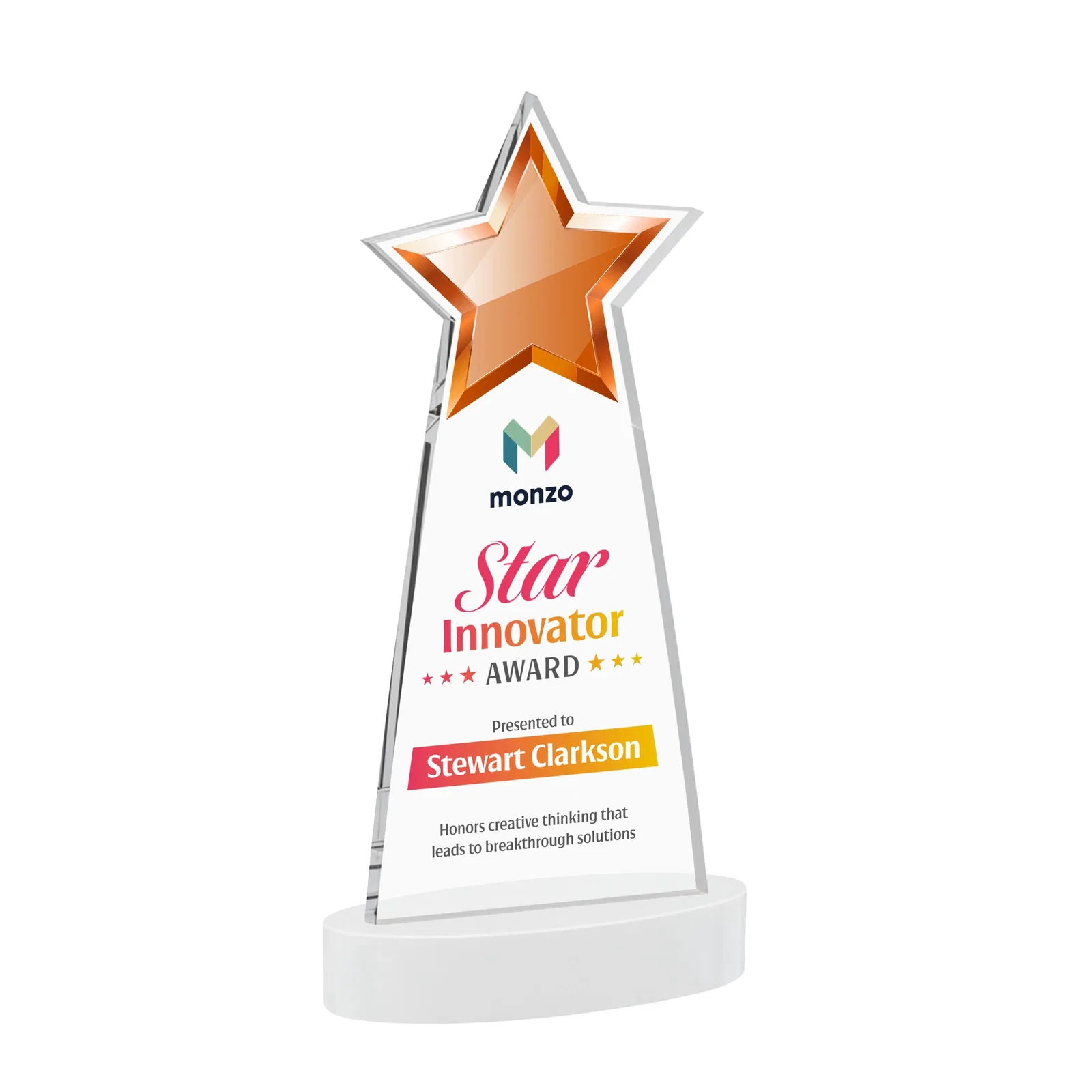 Custom engraved Starfire Crystal Star Cutout Award in Eight Colors for corporate award ceremonies