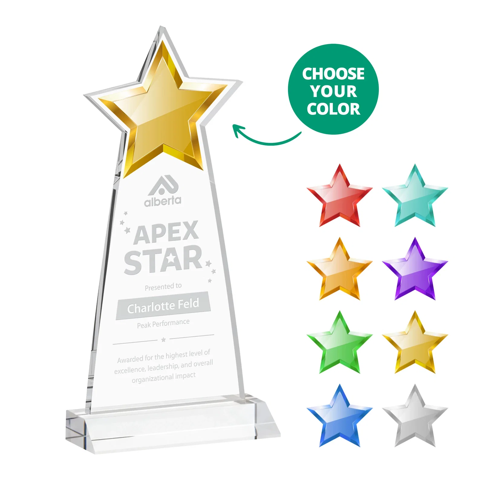 Custom Starfire Crystal Star Cutout Award in Eight Colors for retirement presentations