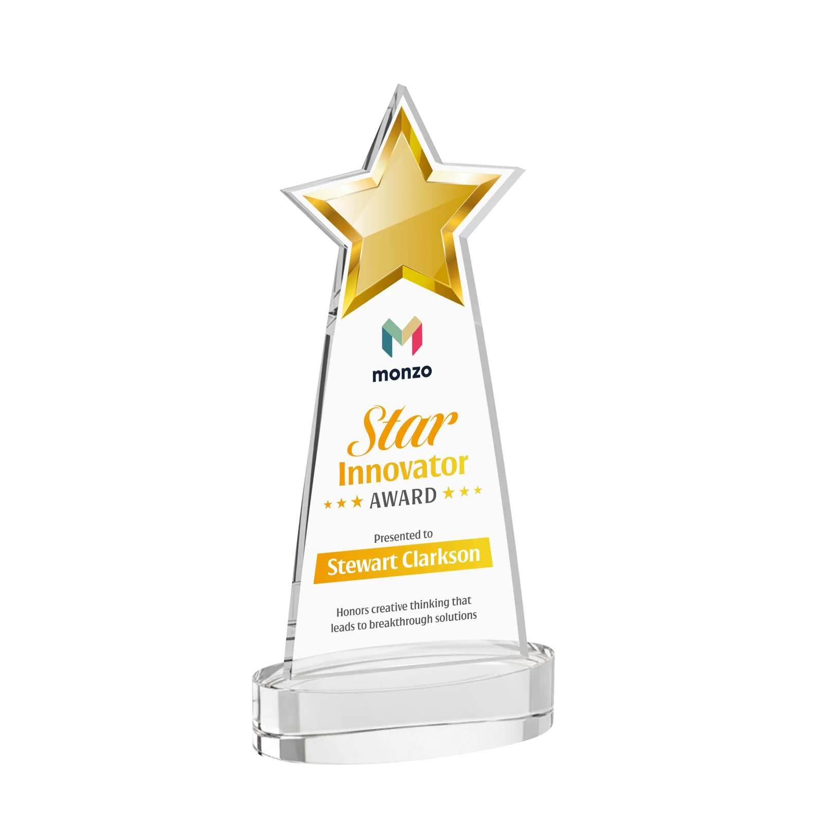 Branded Starfire Crystal Star Cutout Award in Eight Colors for sales achievement awards