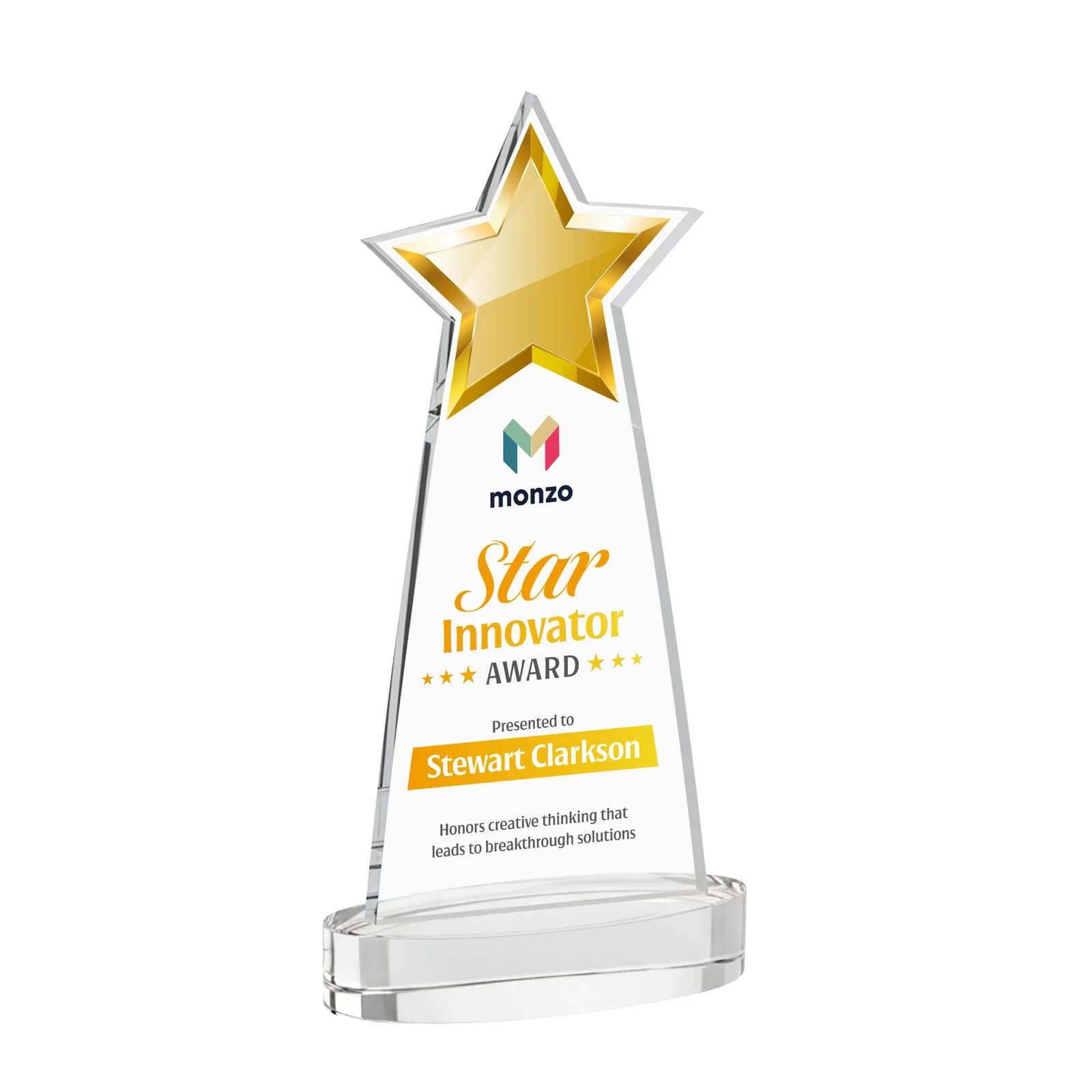Branded Starfire Crystal Star Cutout Award in Eight Colors for retirement presentations