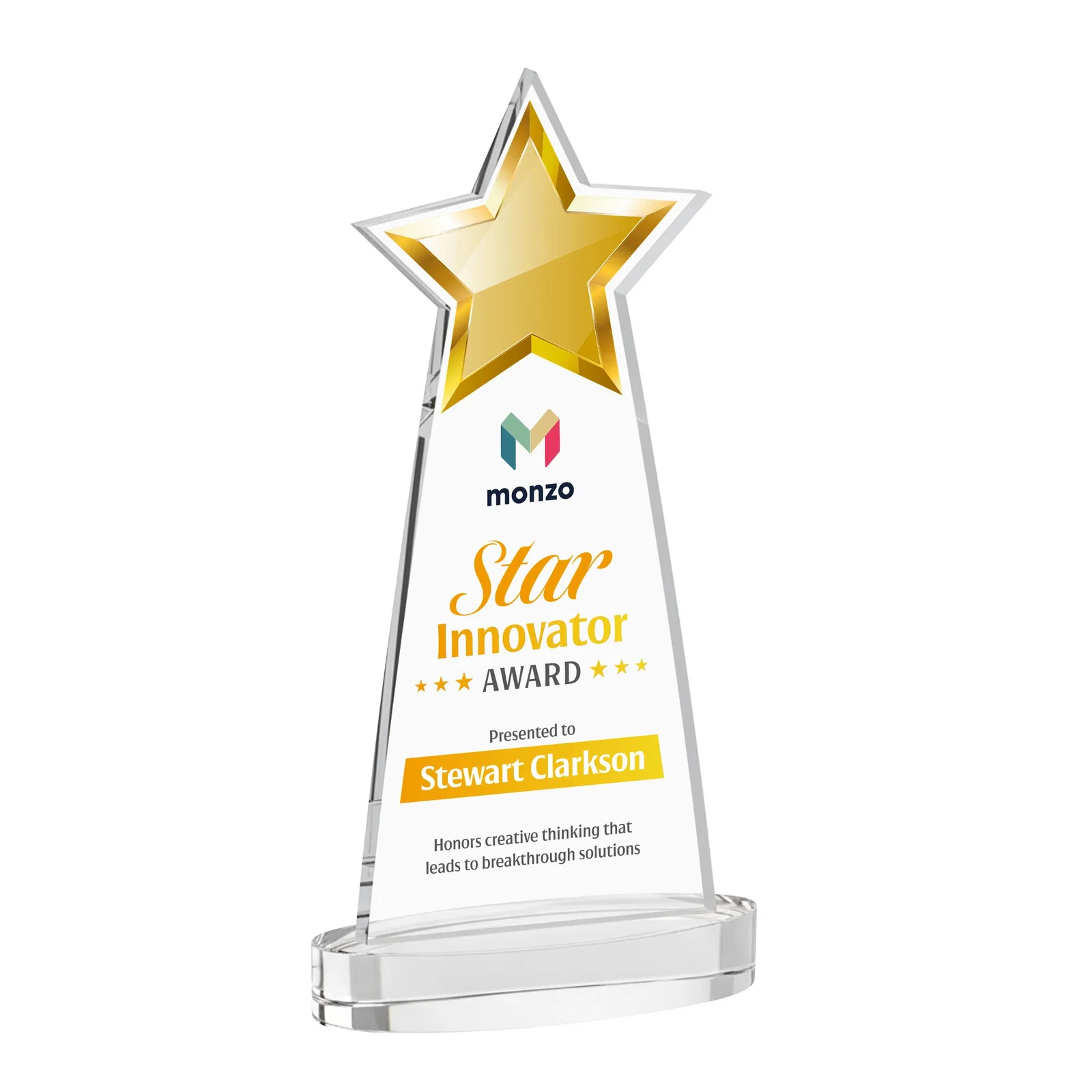 Branded Starfire Crystal Star Cutout Award in Eight Colors for team milestone celebrations