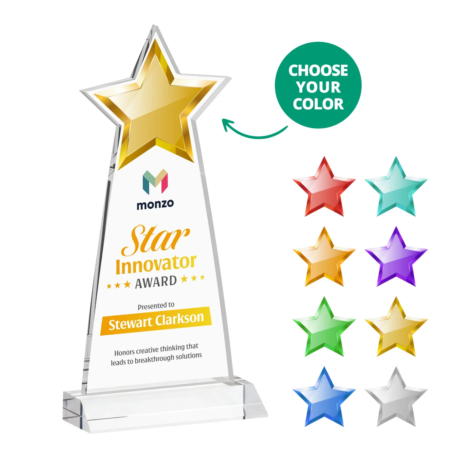 Branded Starfire Crystal Star Cutout Award in Eight Colors for donor appreciation