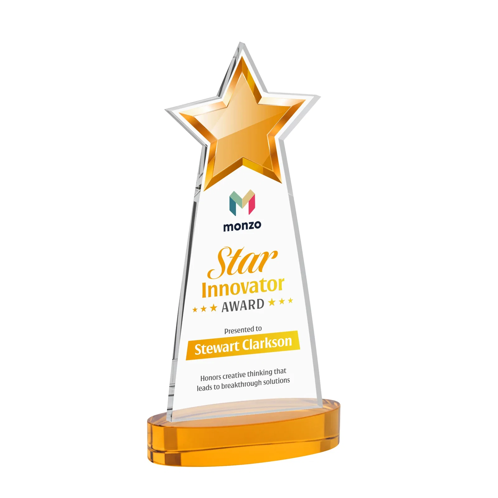 Branded Starfire Crystal Star Cutout Award in Eight Colors for volunteer appreciation