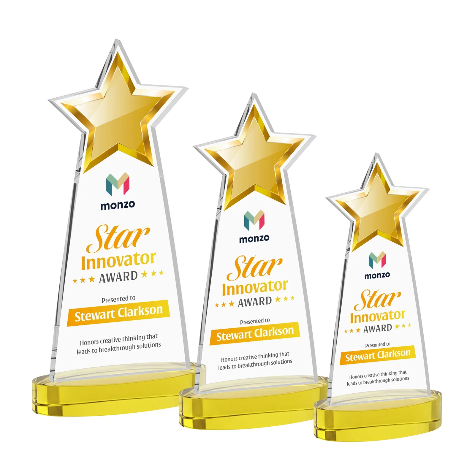 Branded Starfire Crystal Star Cutout Award in Eight Colors for company anniversary events
