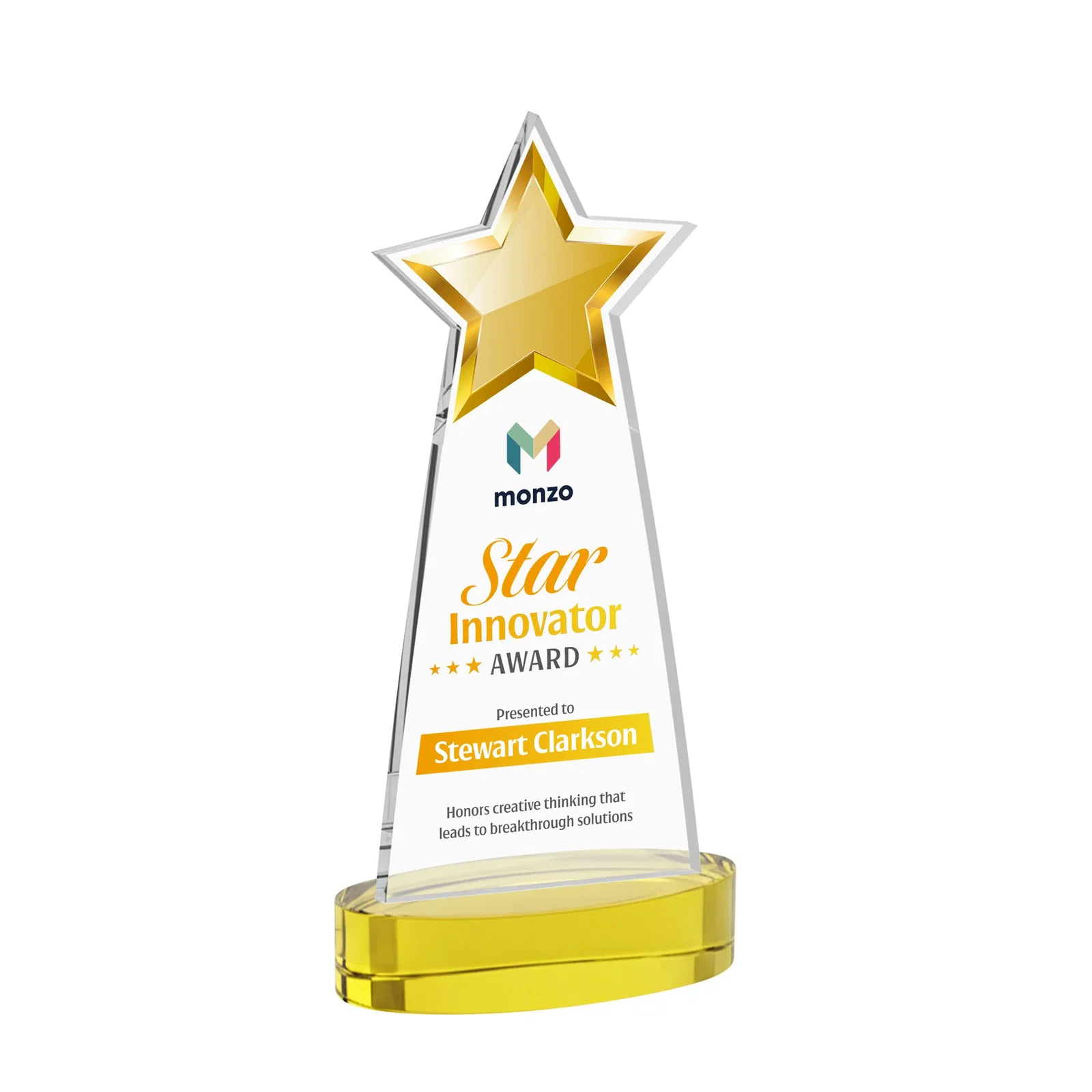Custom printed Starfire Crystal Star Cutout Award in Eight Colors for employee recognition